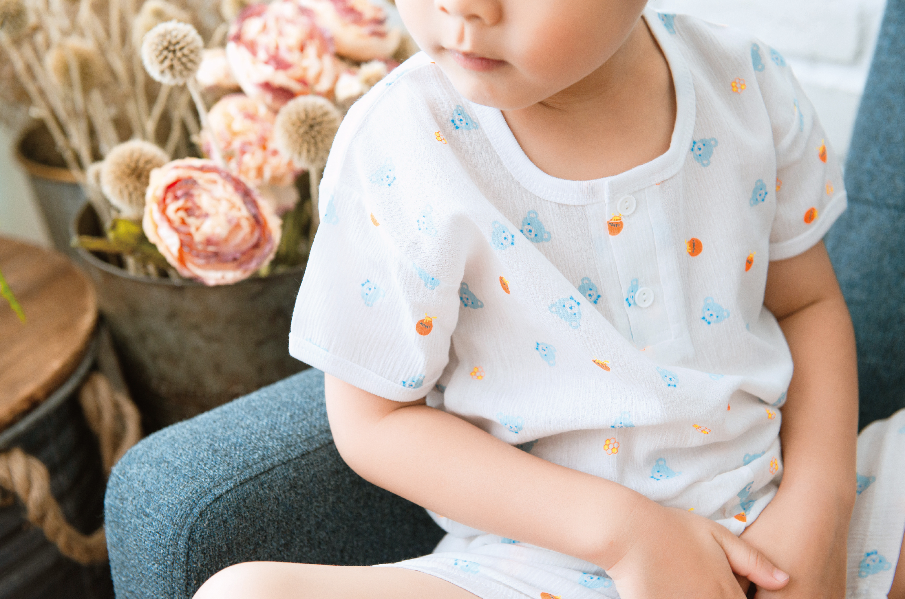 小三福 三福 100%純棉兒童竹紗半開短袖套裝