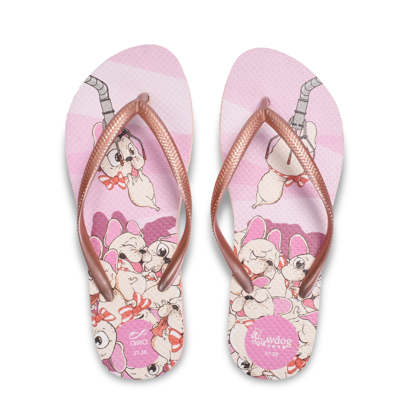 汪來汪趣 夾娃娃機 女款細帶人字夾腳拖鞋 粉金色