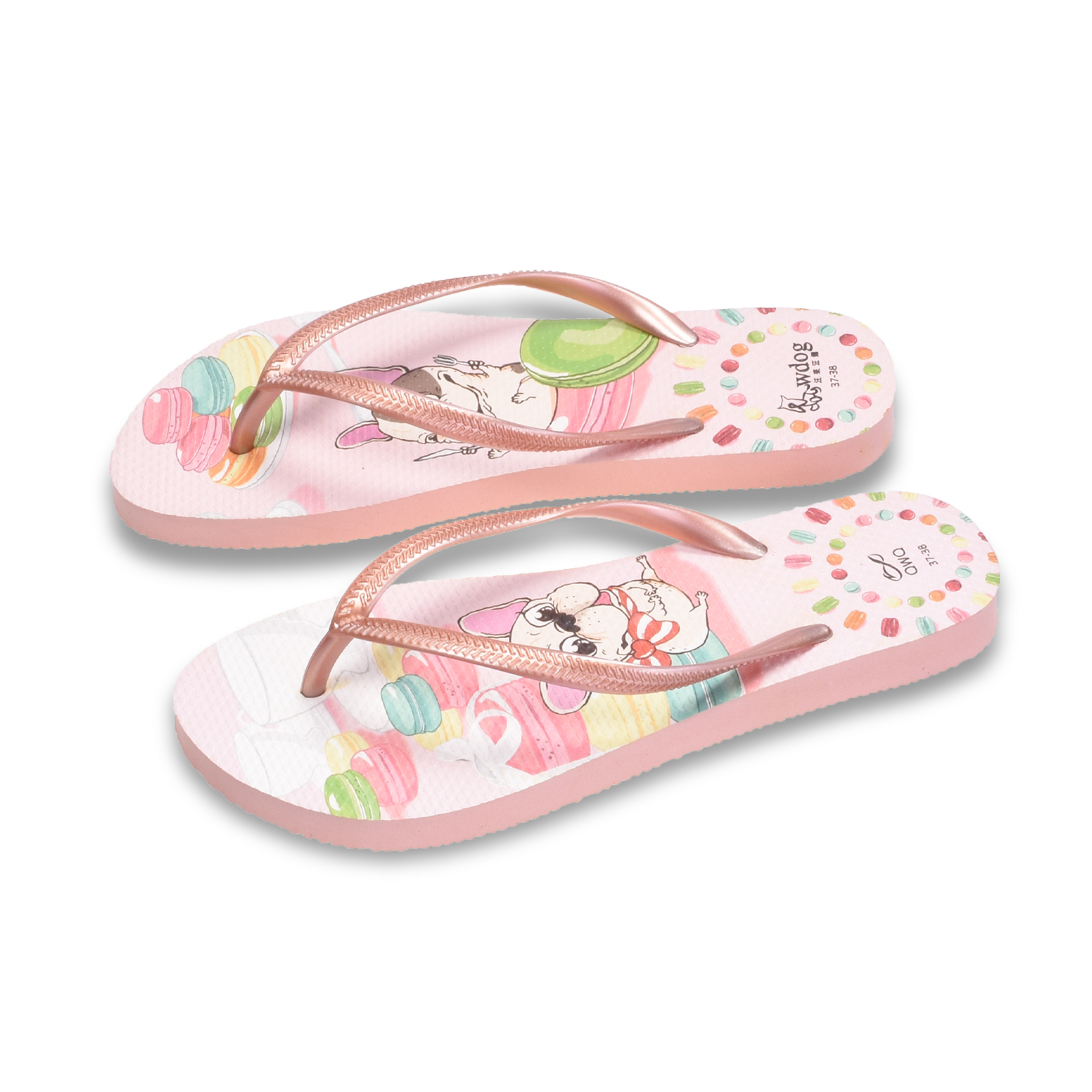 汪來汪趣 甜蜜馬卡龍 女款細帶人字夾腳拖鞋 粉金色