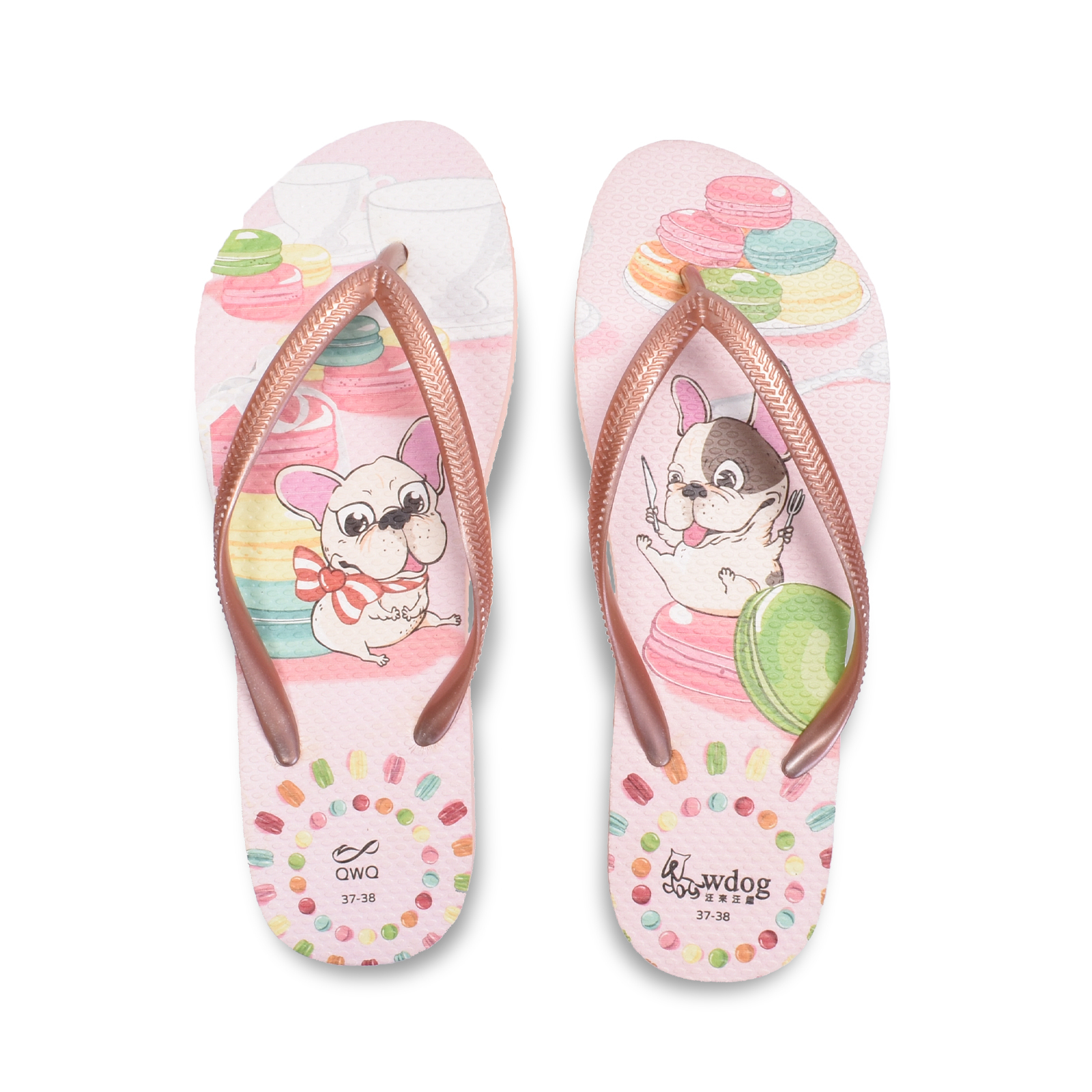 汪來汪趣 甜蜜馬卡龍 女款細帶人字夾腳拖鞋 粉金色