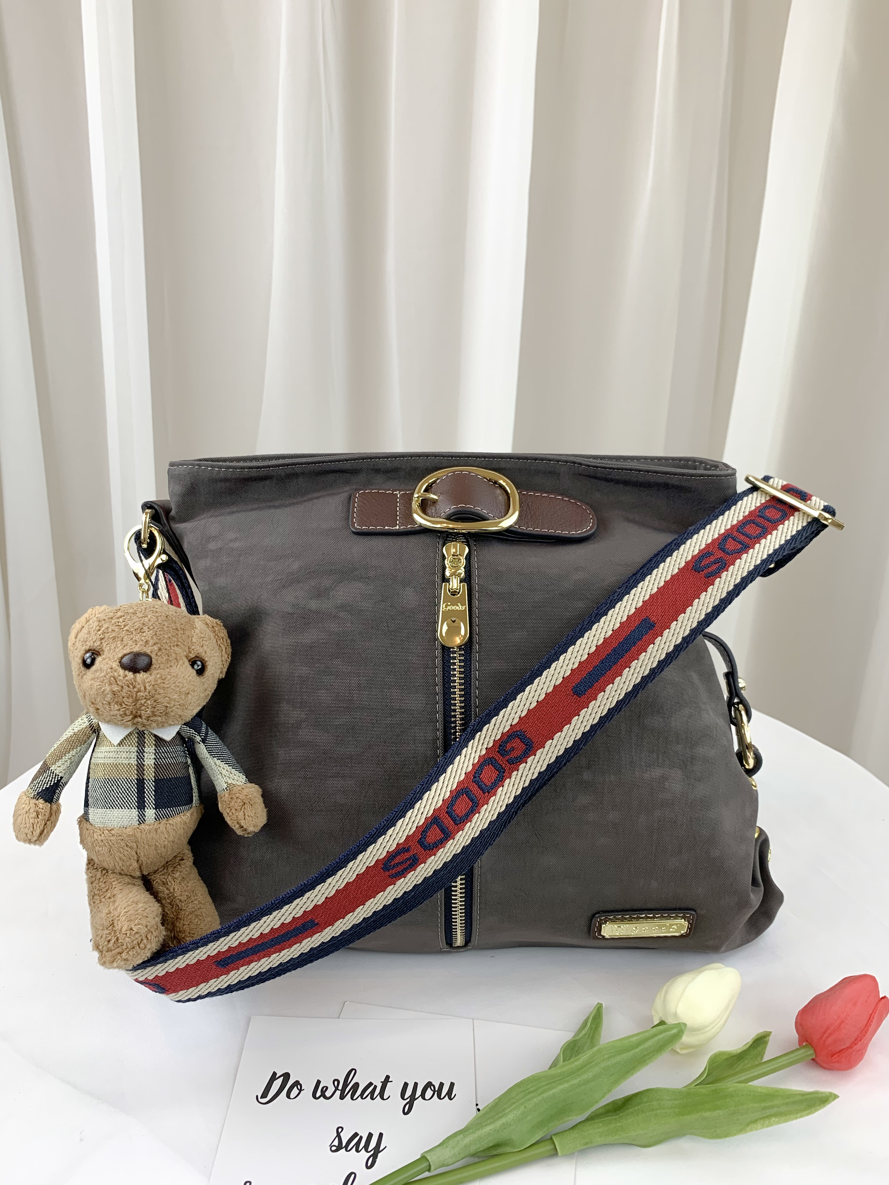 GOODS織帶咖 水洗紋  皮帶頭防潑水方形側背包  #2127