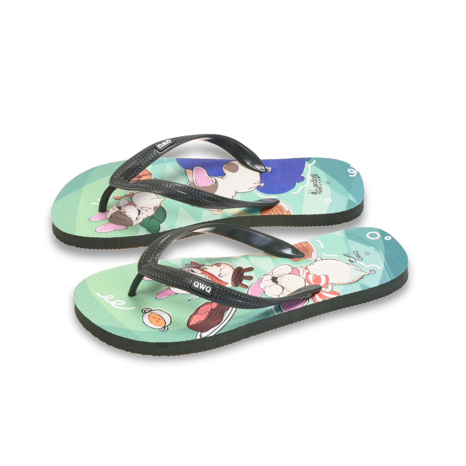 汪來汪趣 美食大集合 男款粗帶人字夾腳拖鞋 綠色