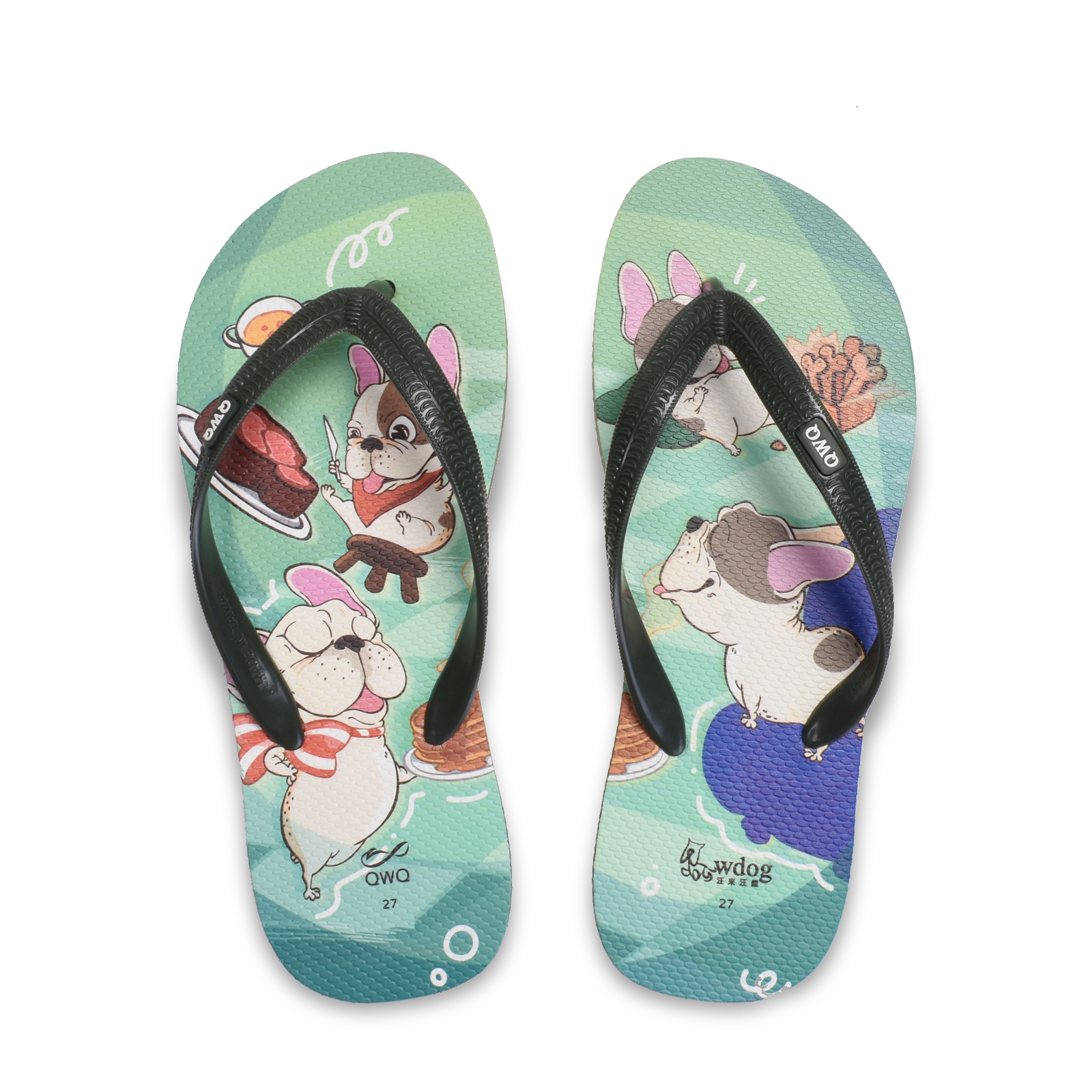 汪來汪趣 美食大集合 男款粗帶人字夾腳拖鞋 綠色