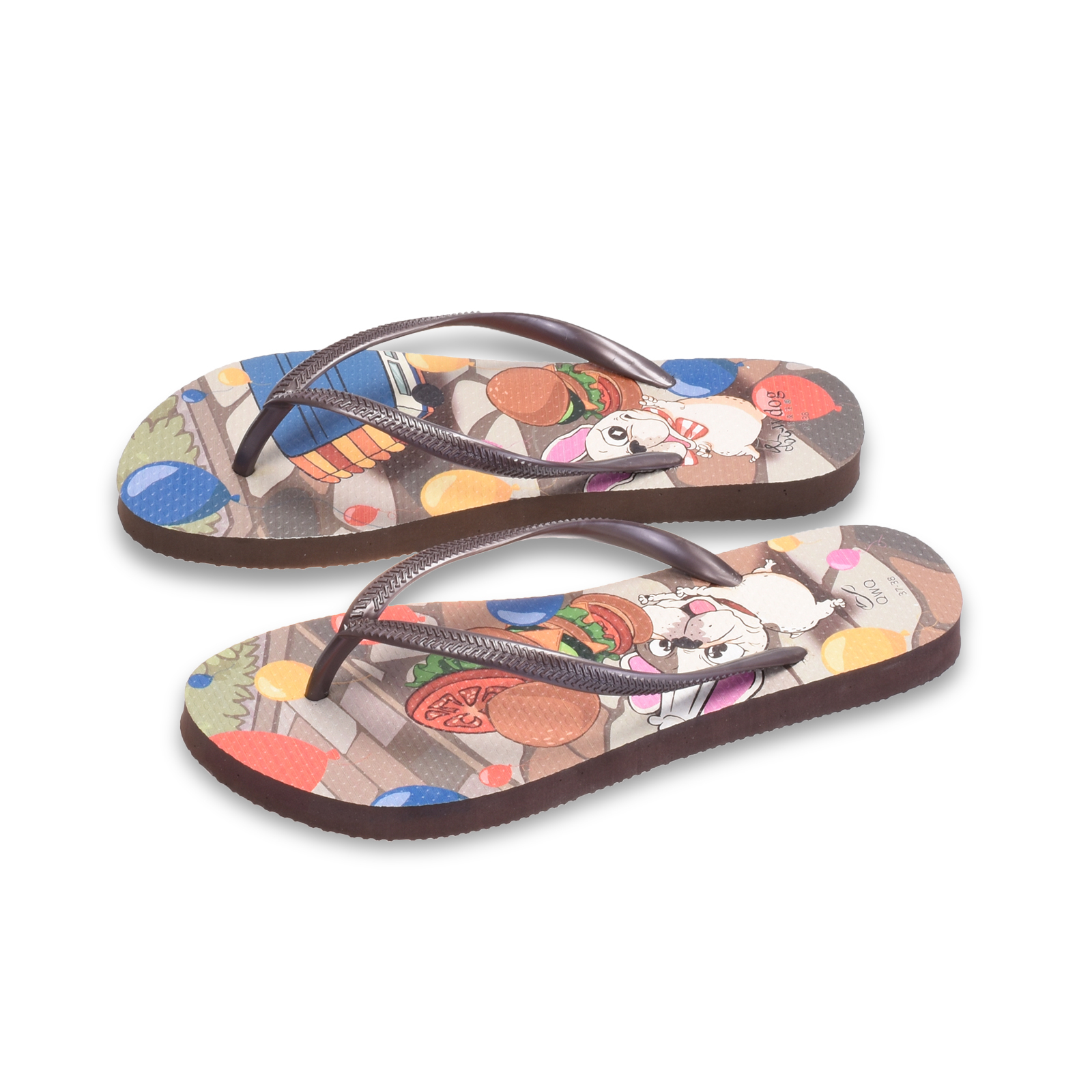 汪來汪趣 漢堡大師 女款細帶人字夾腳拖鞋 焦糖棕色