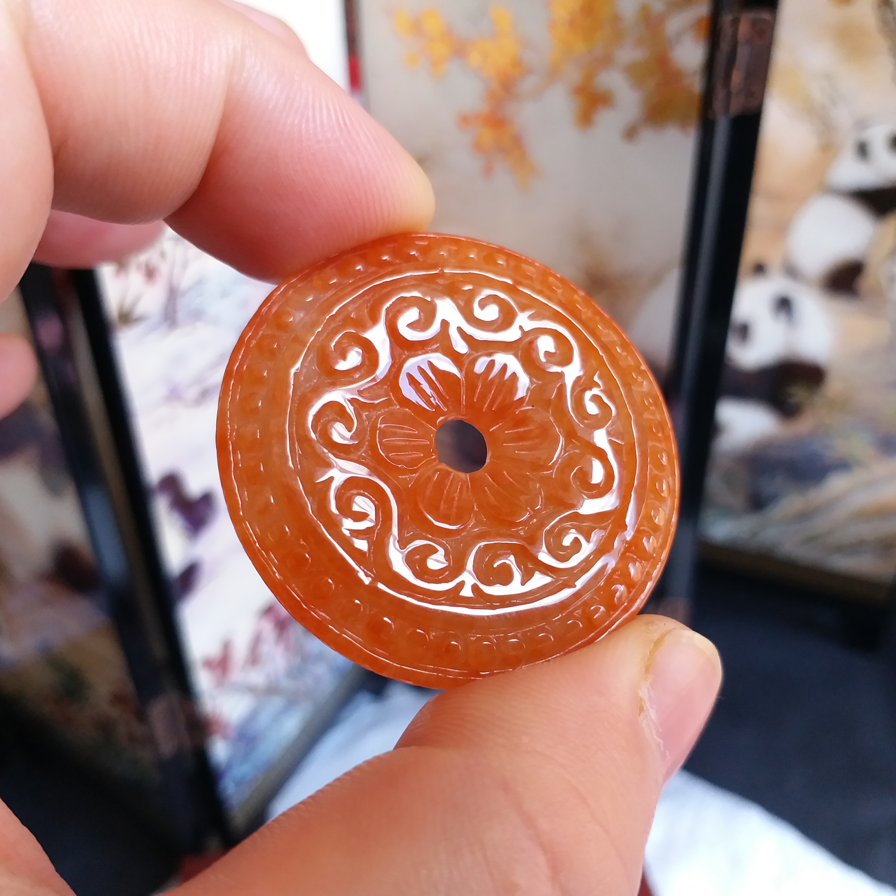 冰糯紅翡雕花平安扣 (38.8mm直徑), 天然翡翠A玉, 緬甸玉, Jade, Jadeite