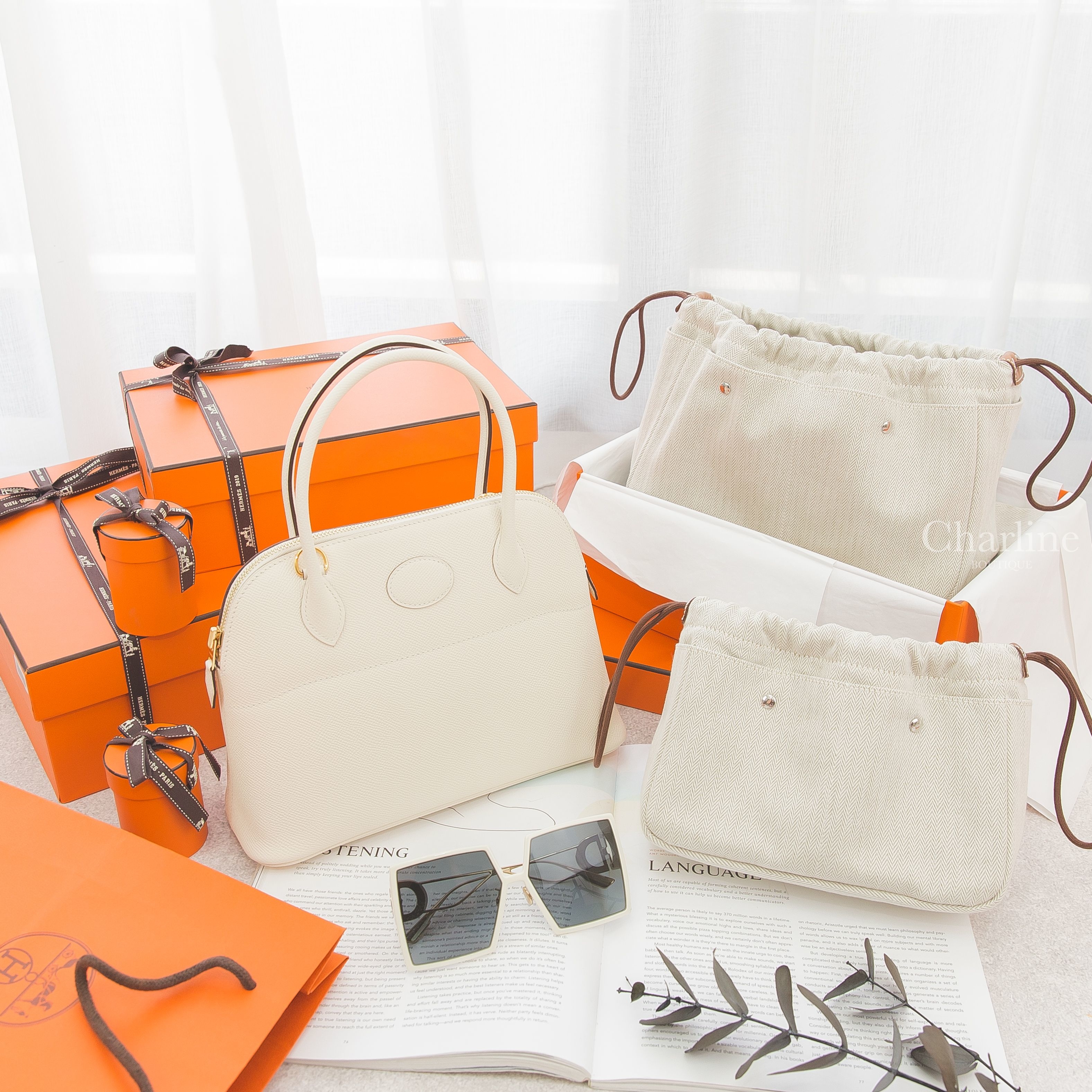 Hermès Fourbi 自然色小型帆布內袋,Hermès Fourbi 自然色大型帆布內袋,Hermès Bolide 奶油白金釦,Dior Sunglasses 象牙白方框側邊CD太陽眼鏡-Charline Boutique 精品代購
