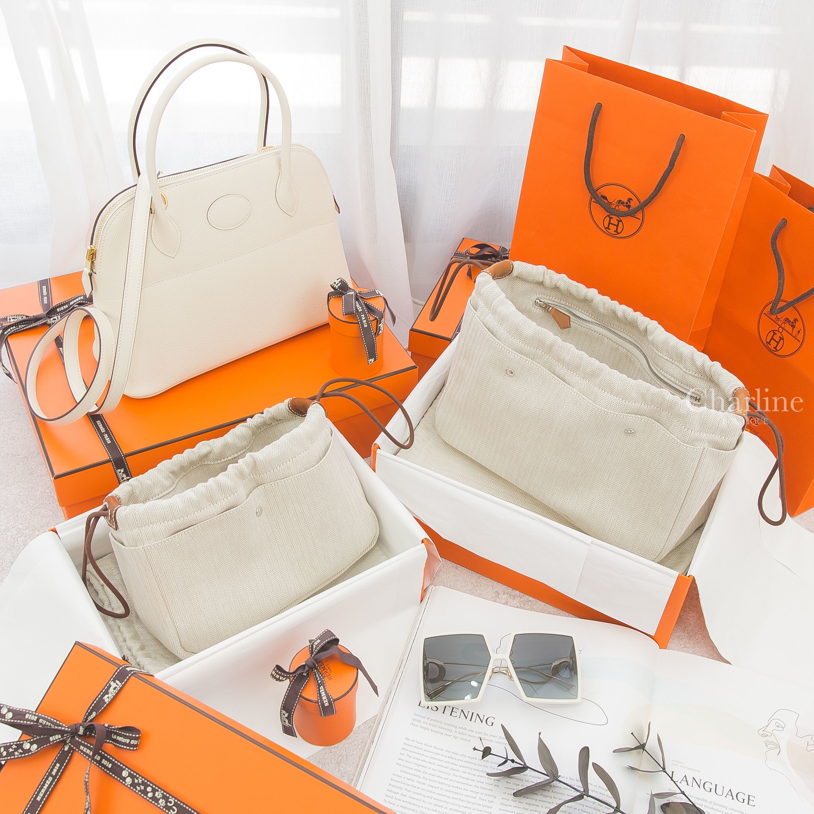 Hermès Fourbi 自然色小型帆布內袋,Hermès Fourbi 自然色大型帆布內袋,Hermès Bolide 奶油白金釦,Dior Sunglasses 象牙白方框側邊CD太陽眼鏡-Charline Boutique 精品代購