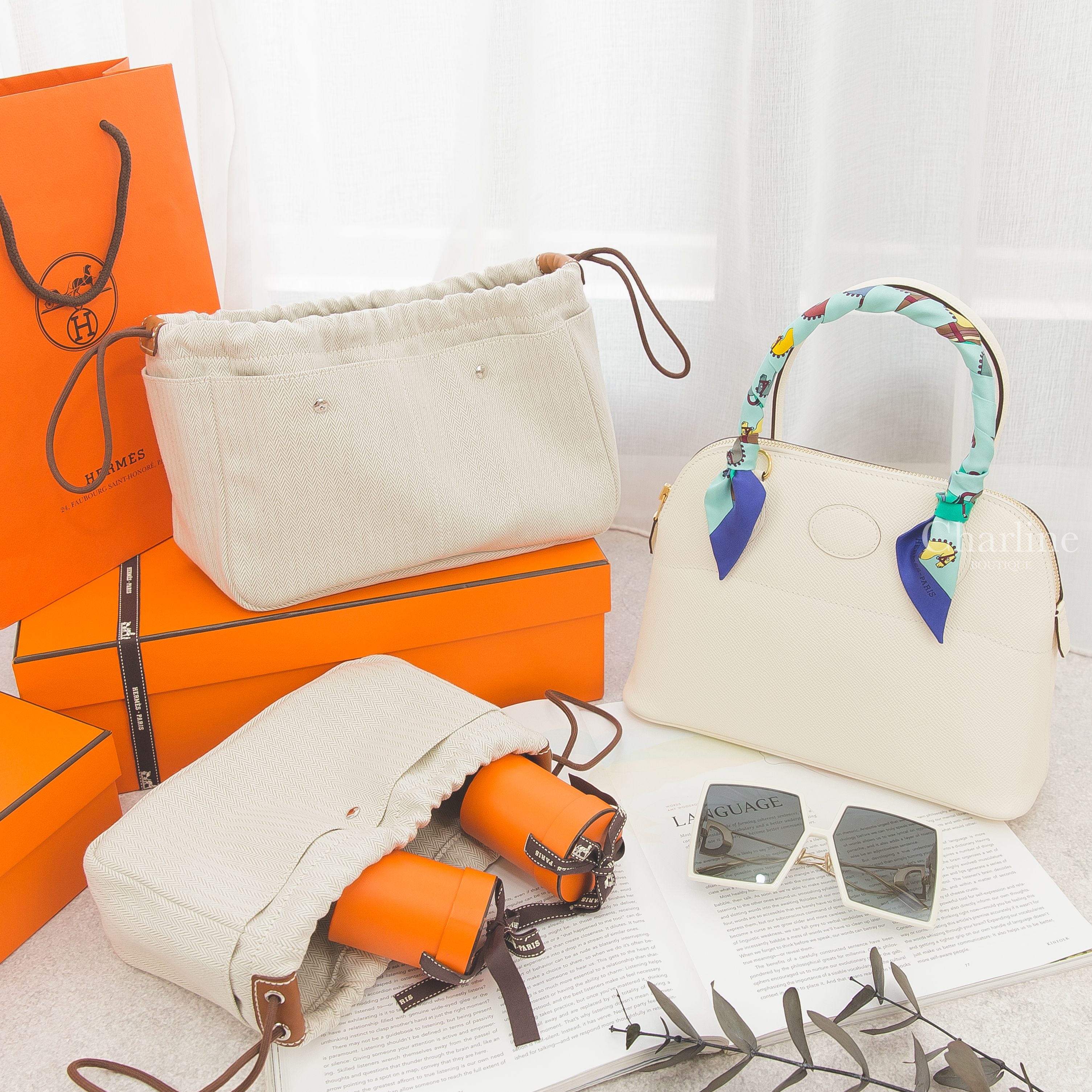Hermès 自然色小型帆布內袋,Hermès 自然色大型帆布內袋,Hermès Bolide 奶油白金釦,Hermès 薄荷綠/波爾多/淡紫色絲巾,Dior 象牙白方框側邊CD太陽眼鏡-Charline Boutique 精品代購