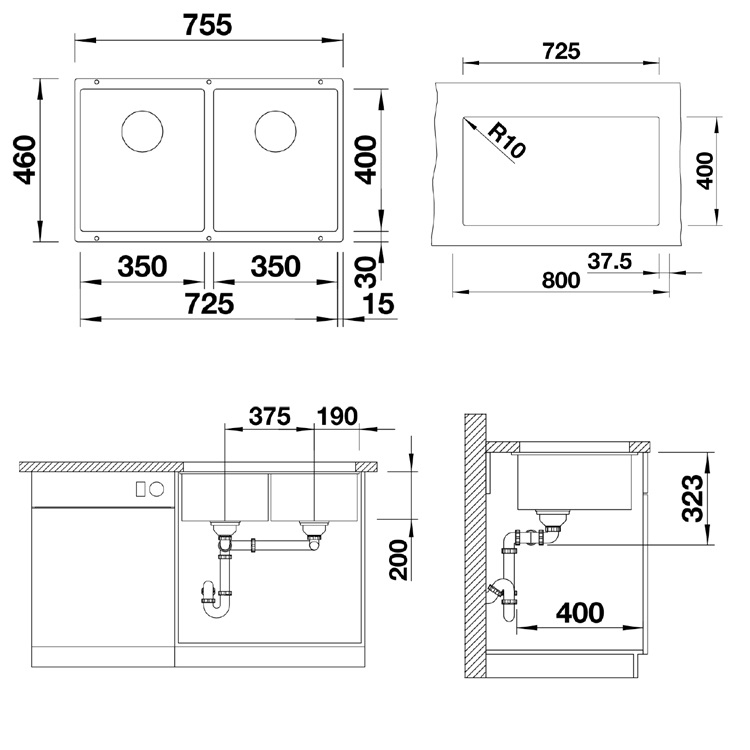 Blanco "Subline 350/350-U" 523574 Undermount Granite composite kitchen sink with Waste Kit (Anthracite)