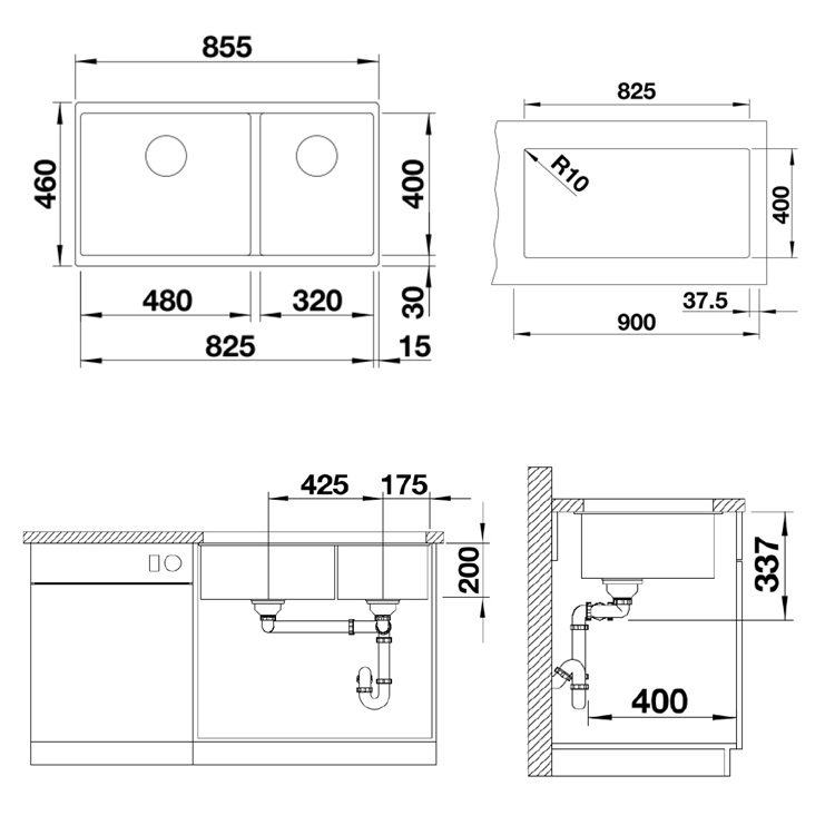 Blanco "Subline 480/320-U" 523591 Undermount Granite composite kitchen sink with Waste Kit (Tartufo)