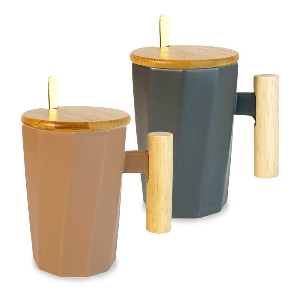 質感北歐木柄斜紋附蓋馬克杯