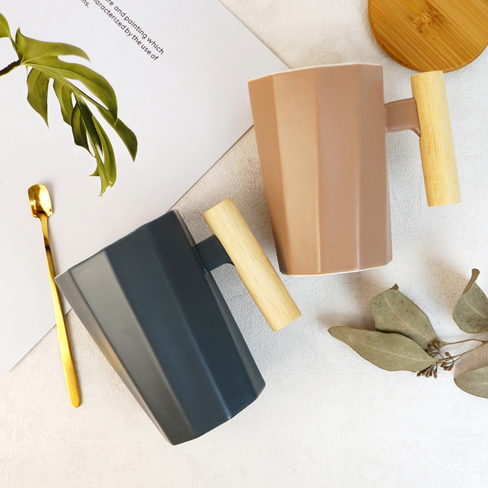 質感北歐木柄斜紋附蓋馬克杯