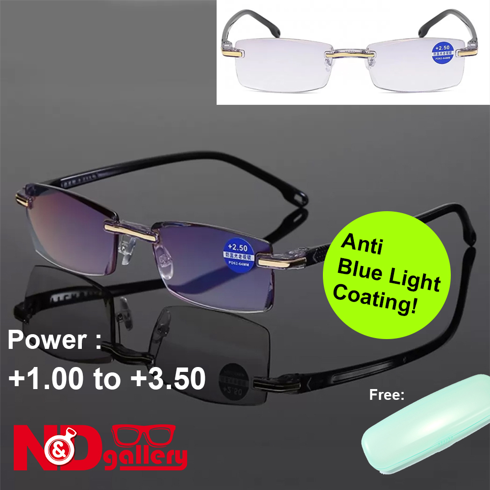 Rimless Reading Glasses Diamond Cut WIth Blue Coat +1.00 to +3.50 Ready made Ready Stock Free Box