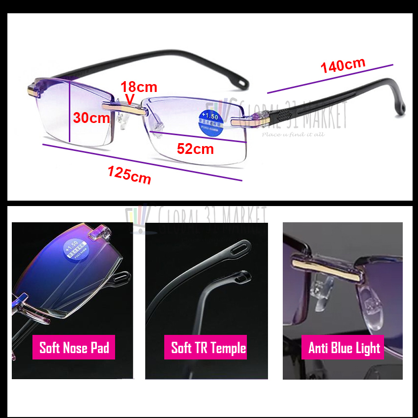 Rimless Reading Glasses Diamond Cut WIth Blue Coat +1.00 to +3.50 Ready made Ready Stock Free Box