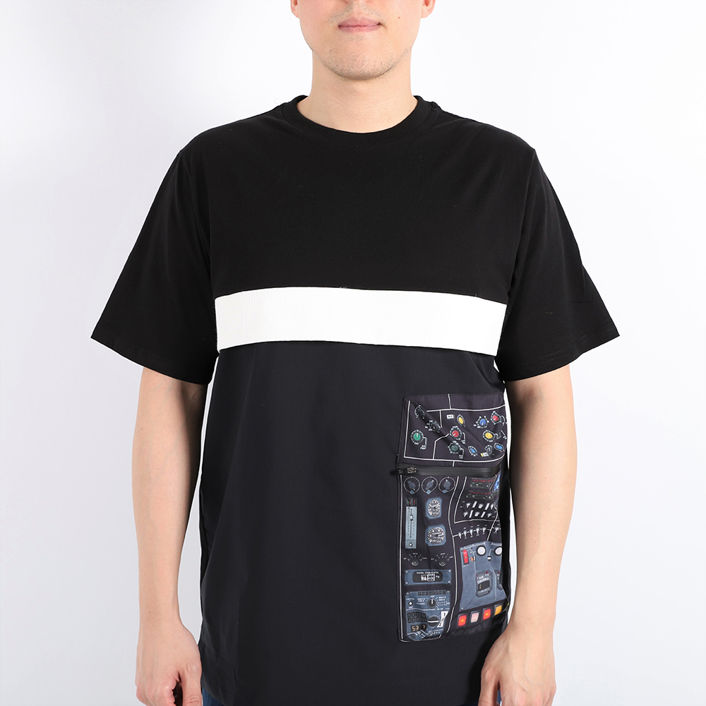 橫條剪接口袋Tee - 黑