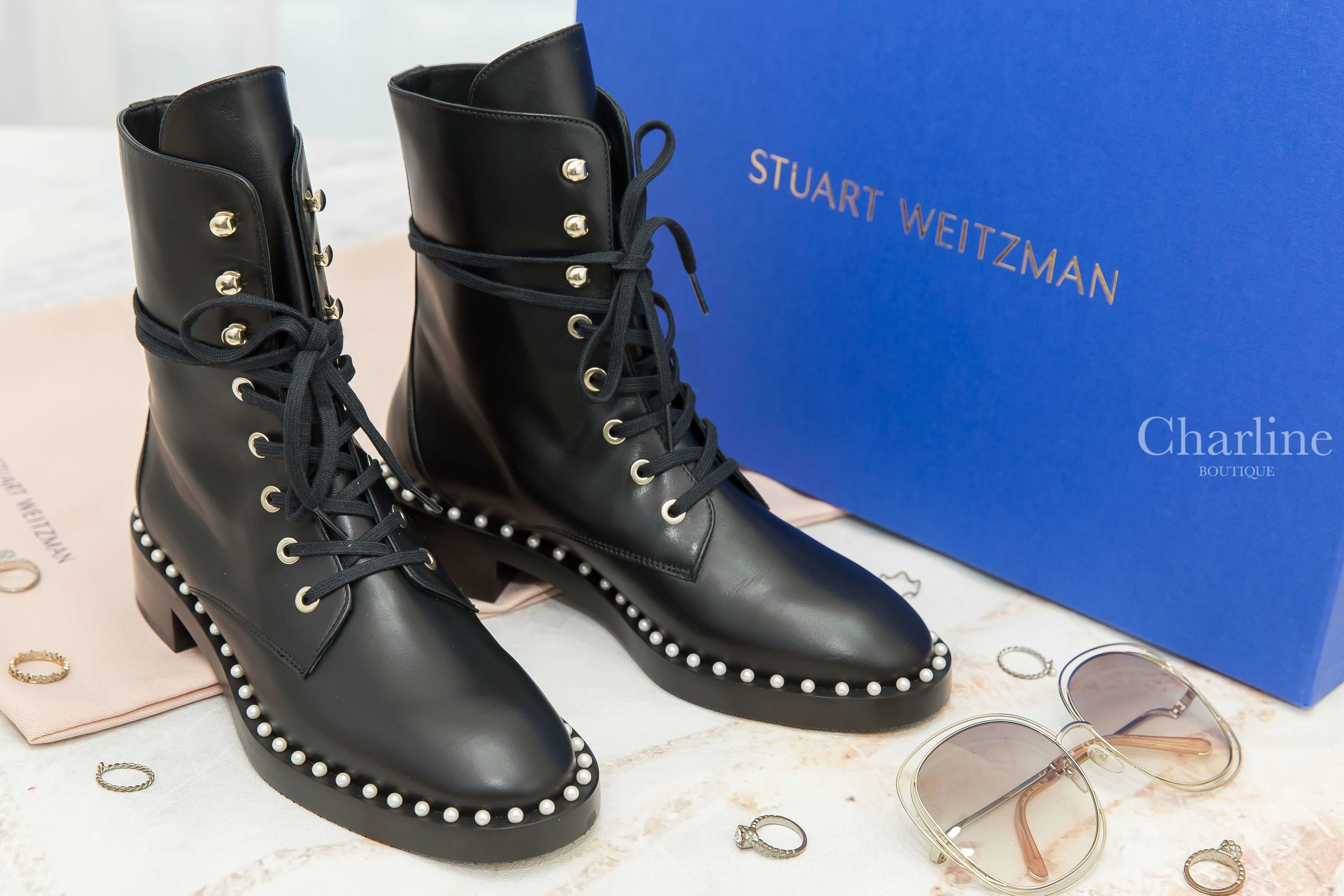 Stuart Weitzman Sondra Smo-Smooth Calf Ankle Boots 黑色小牛皮白色珍珠滾邊銀釦綁帶低跟短靴-Charline Boutique 精品代購
