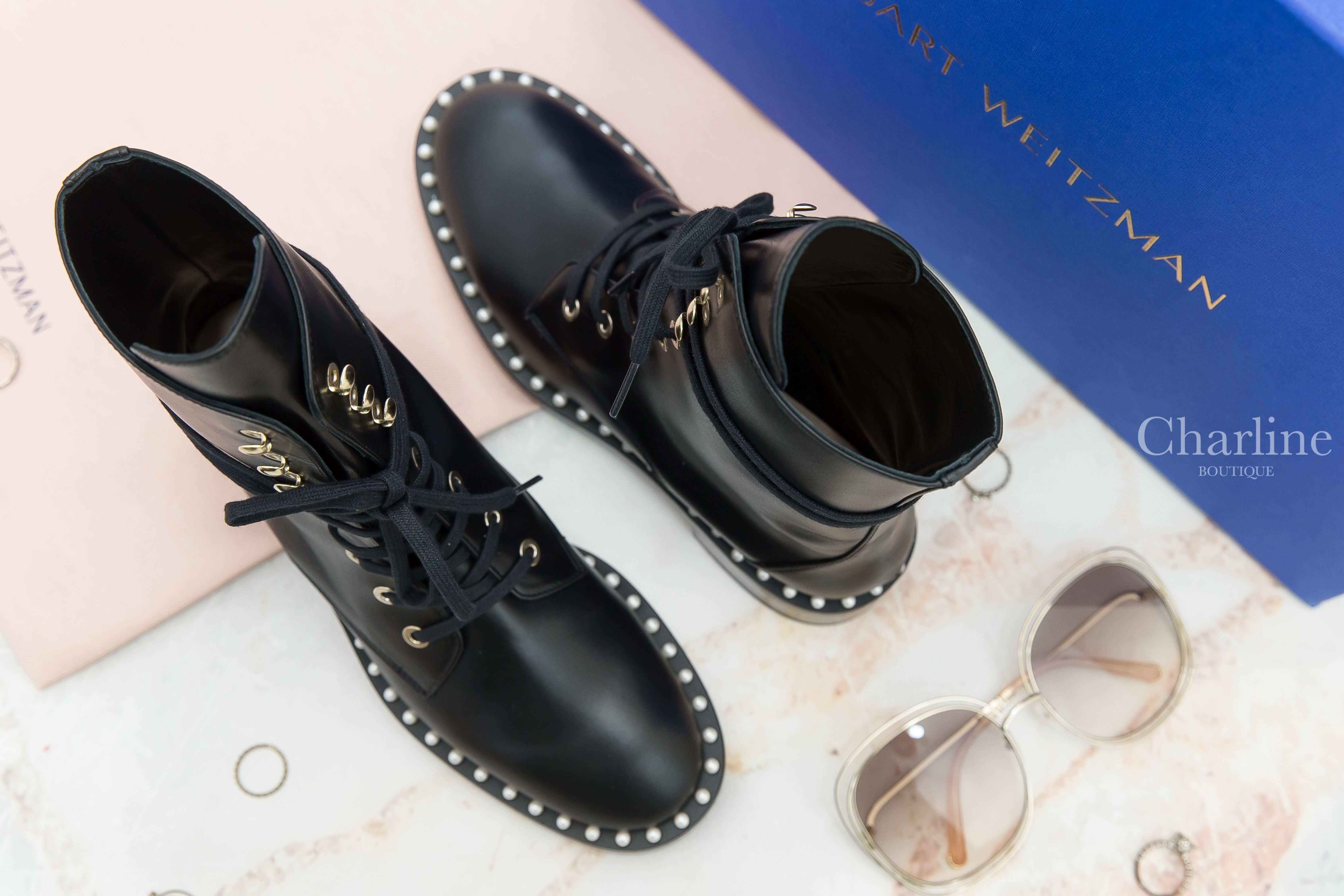Stuart Weitzman Sondra Smo-Smooth Calf Ankle Boots 黑色小牛皮白色珍珠滾邊銀釦綁帶低跟短靴-Charline Boutique 精品代購
