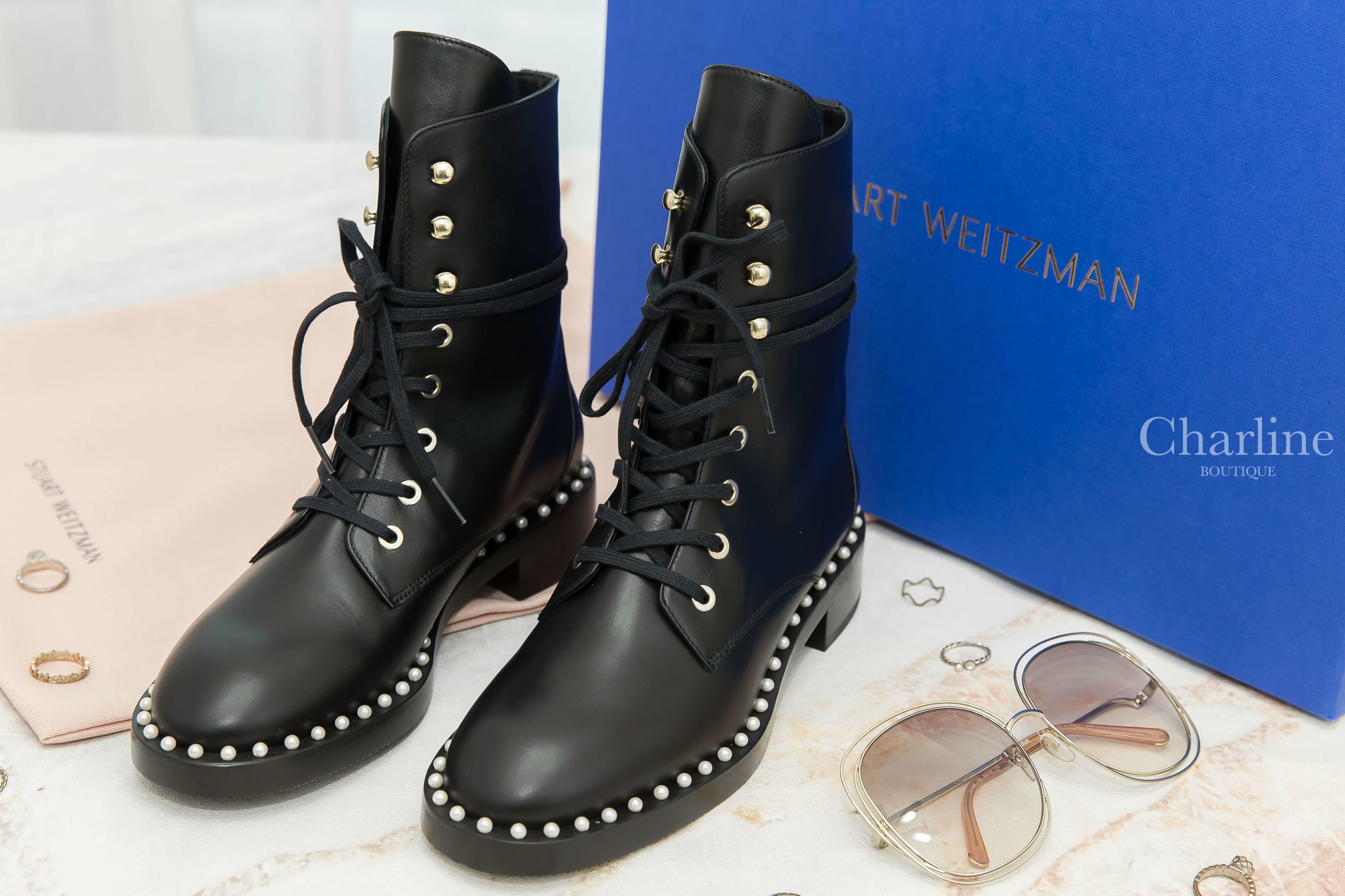 Stuart Weitzman Sondra Smo-Smooth Calf Ankle Boots 黑色小牛皮白色珍珠滾邊銀釦綁帶低跟短靴-Charline Boutique 精品代購