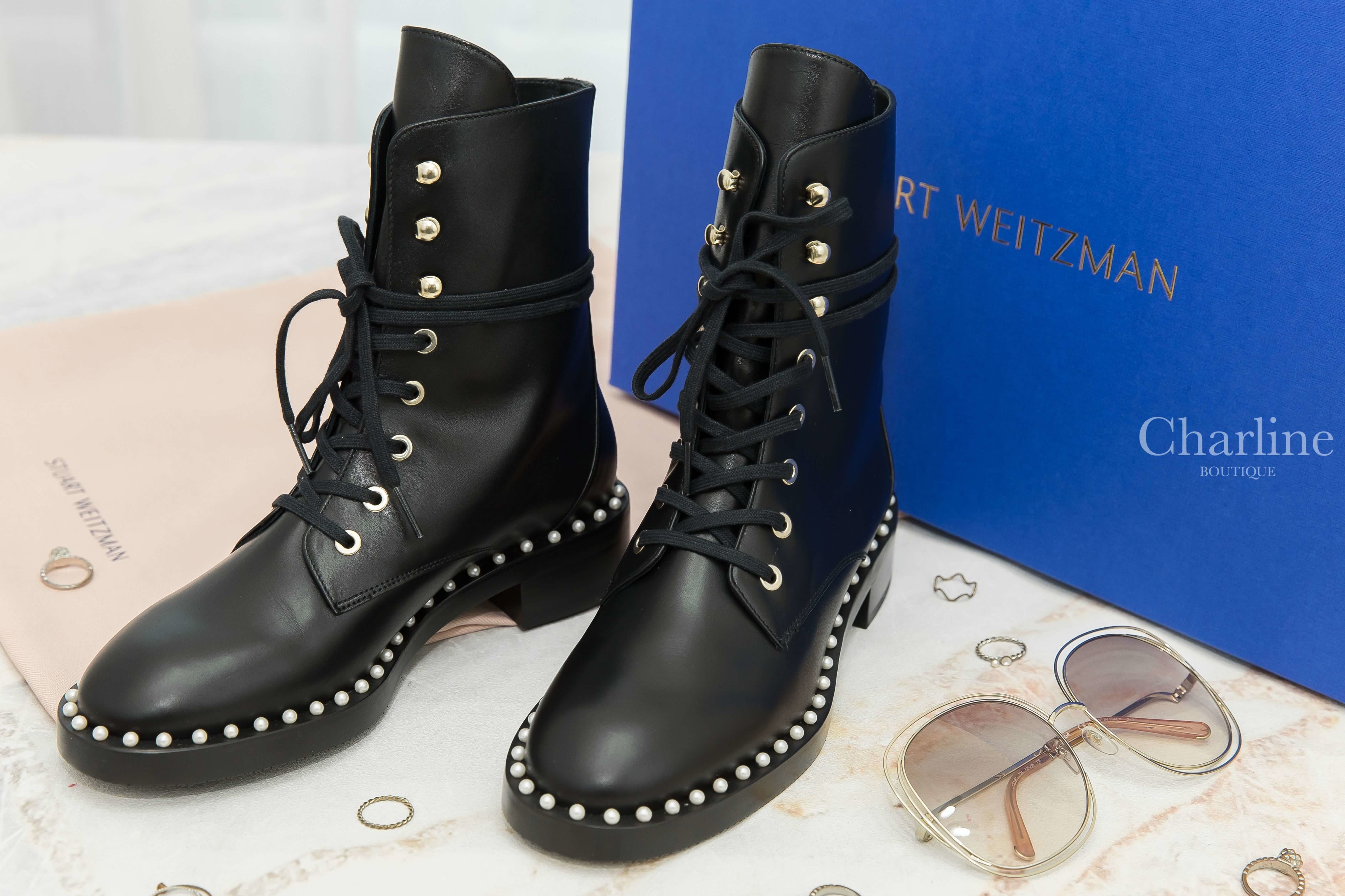 Stuart Weitzman Sondra Smo-Smooth Calf Ankle Boots 黑色小牛皮白色珍珠滾邊銀釦綁帶低跟短靴-Charline Boutique 精品代購