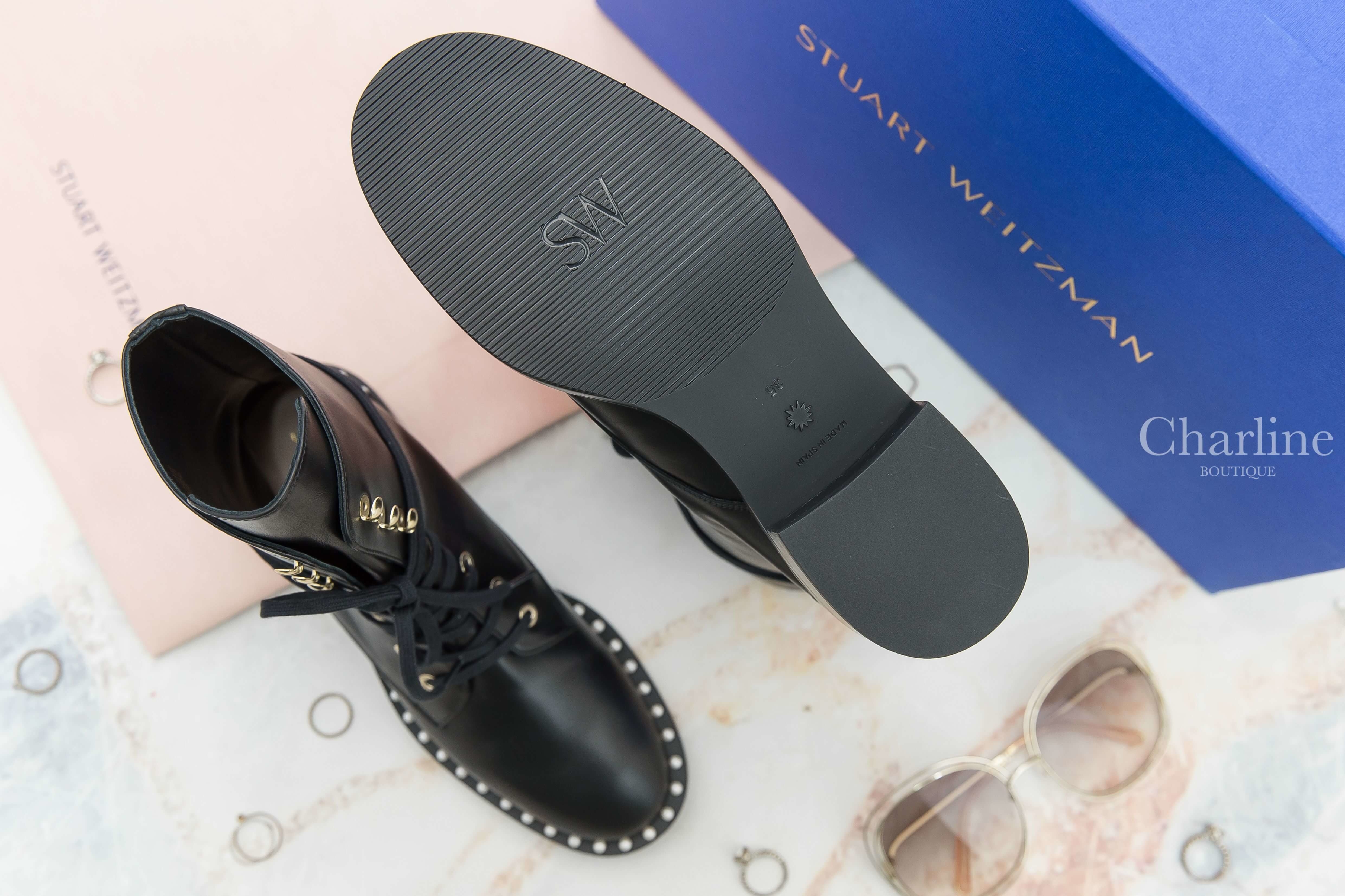 Stuart Weitzman Sondra Smo-Smooth Calf Ankle Boots 黑色小牛皮白色珍珠滾邊銀釦綁帶低跟短靴-Charline Boutique 精品代購