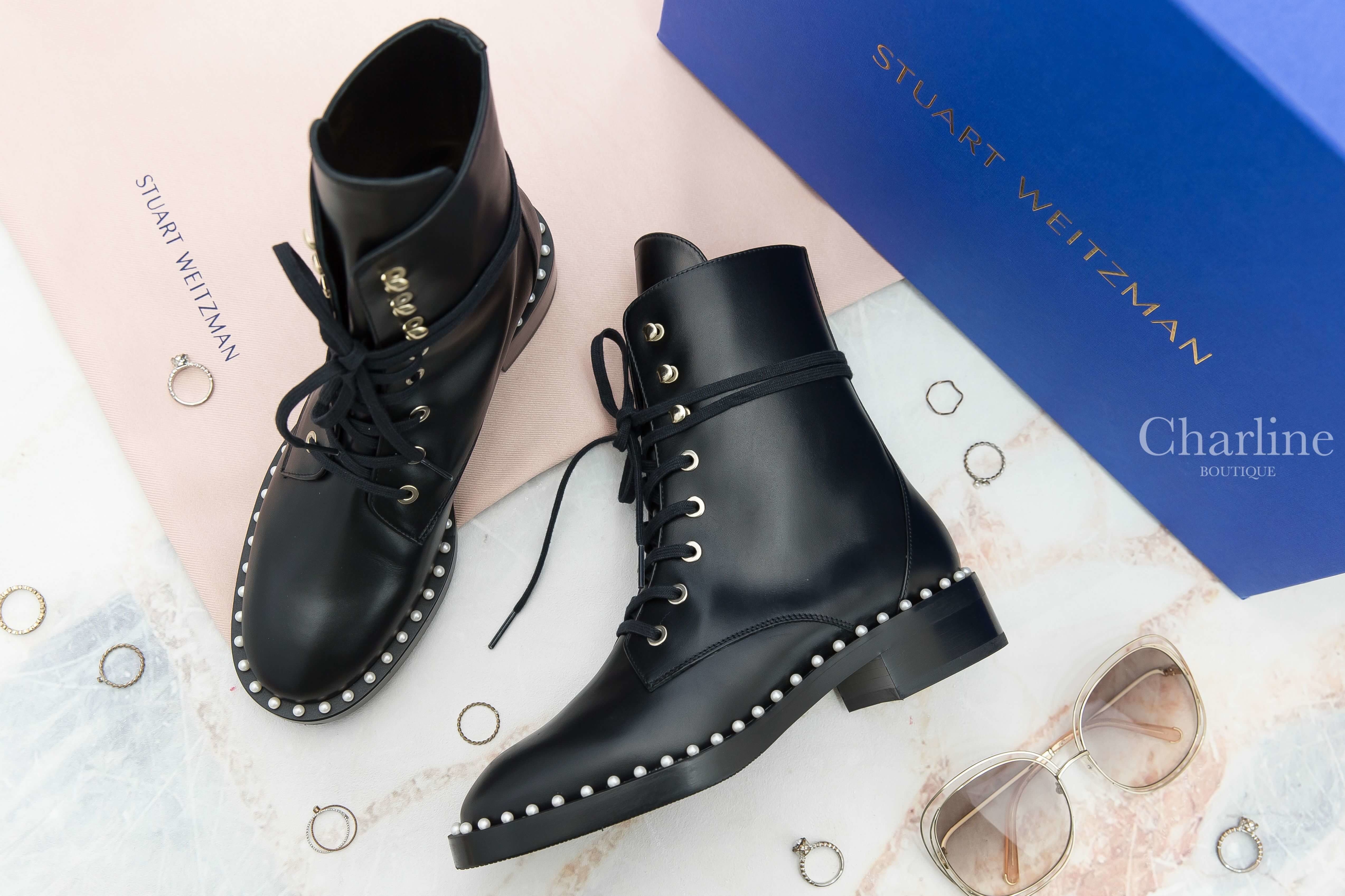 Stuart Weitzman Sondra Smo-Smooth Calf Ankle Boots 黑色小牛皮白色珍珠滾邊銀釦綁帶低跟短靴-Charline Boutique 精品代購