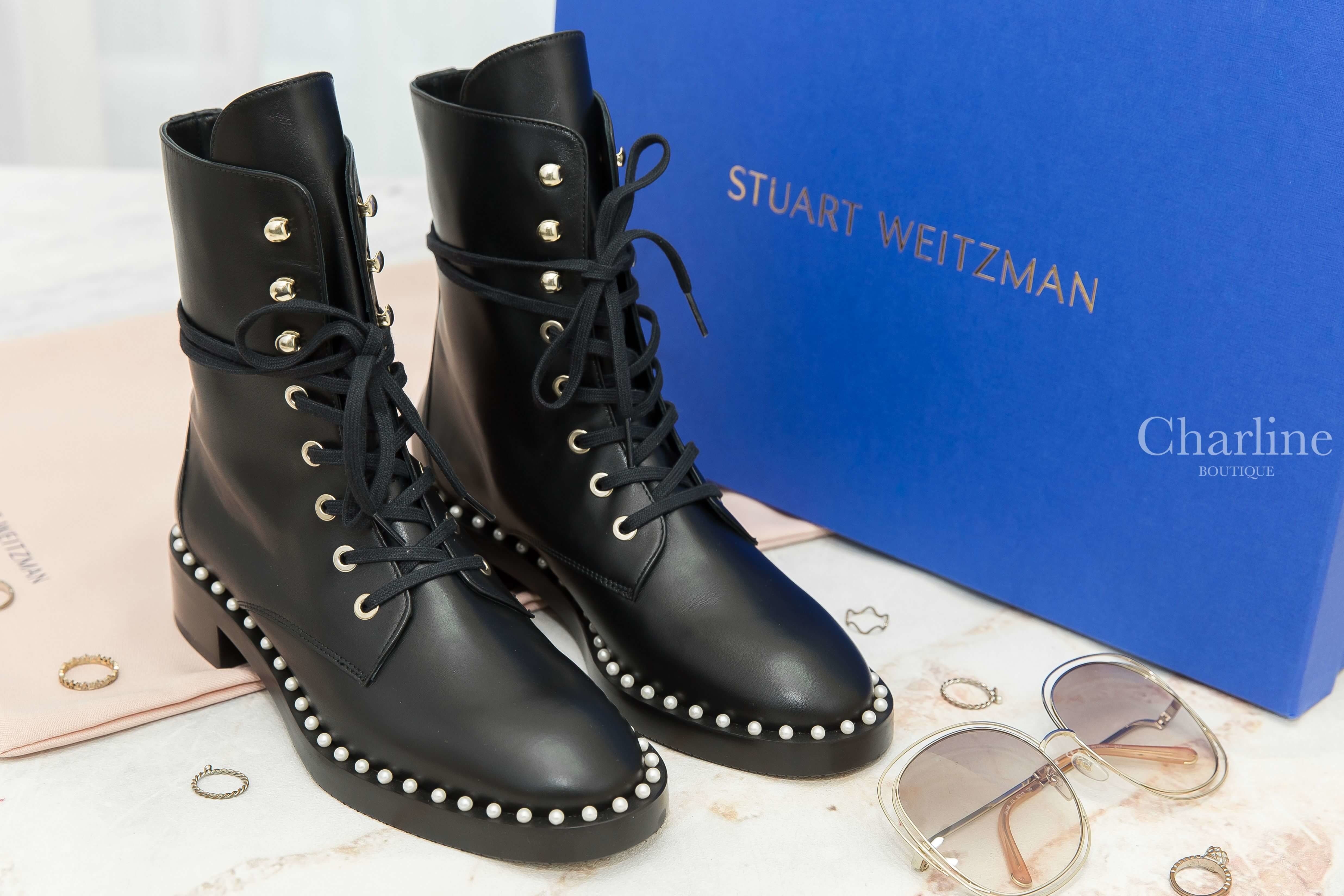 Stuart Weitzman Sondra Smo-Smooth Calf Ankle Boots 黑色小牛皮白色珍珠滾邊銀釦綁帶低跟短靴