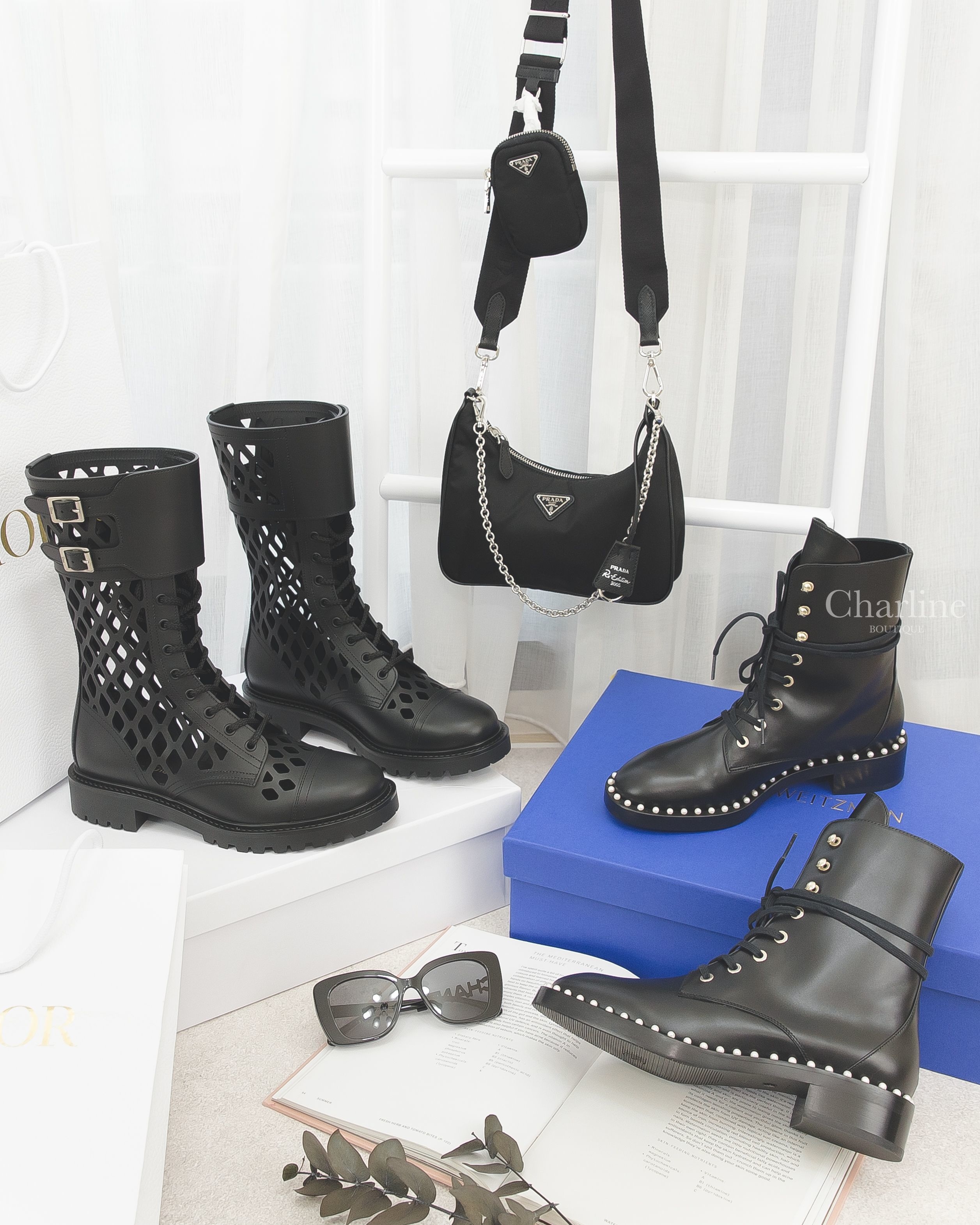 Stuart Weitzman 黑色牛皮白色珍珠滾邊銀釦綁帶低跟短靴,Dior 黑色銀釦環小牛皮網狀縷空綁帶筒靴,Prada 黑色三角銀字鍊帶帆布小零錢包背帶肩背包,Chanel 黑色方框側邊黑鑽太陽眼鏡-Charline Boutique 精品代購