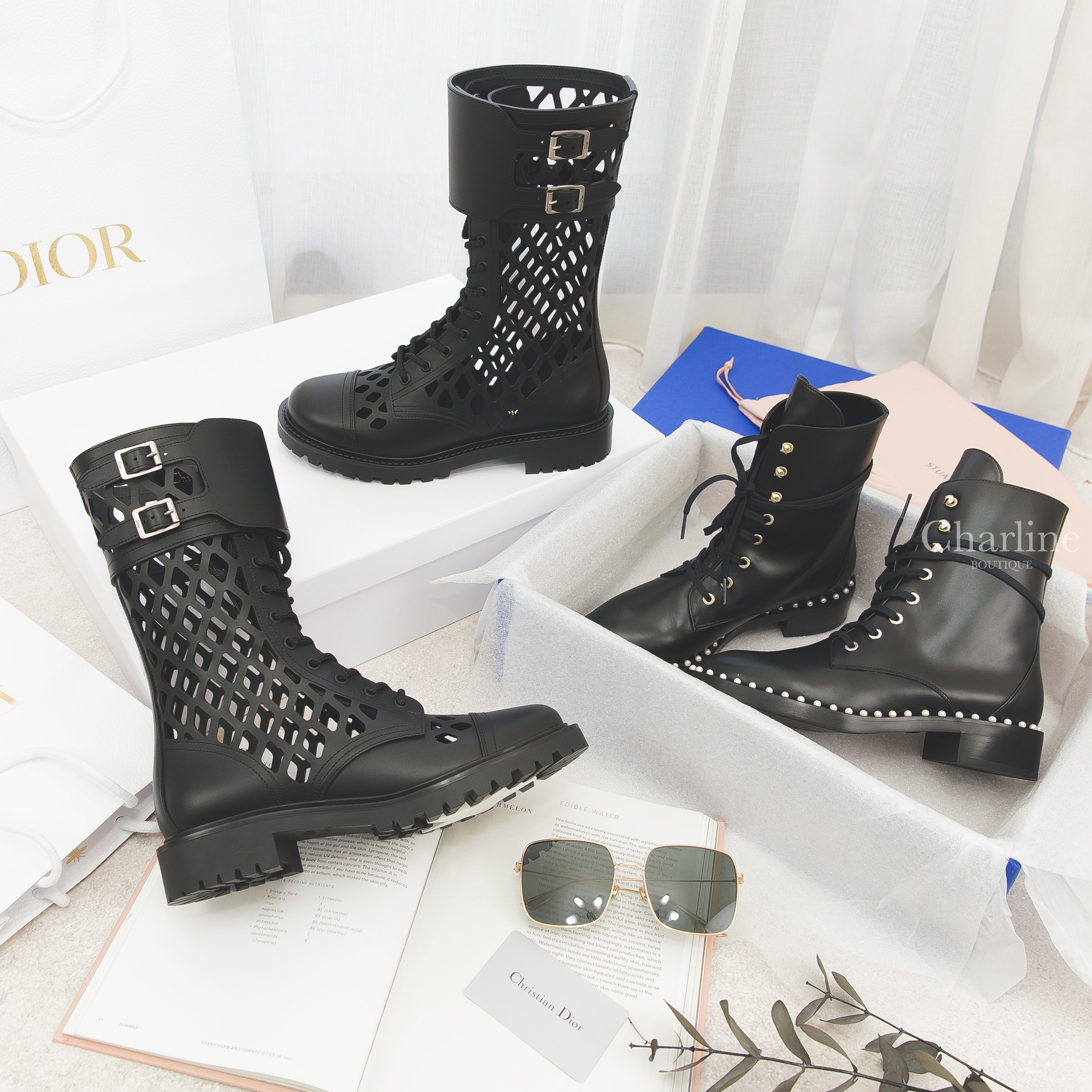 Stuart Weitzman Sondra 黑色小牛皮白色珍珠滾邊銀釦綁帶低跟短靴,Dior Boot 黑色銀釦環小牛皮網狀縷空綁帶筒靴,Dior Sunglasses 綠色金邊框方框太陽眼鏡-Charline Boutique 精品代購