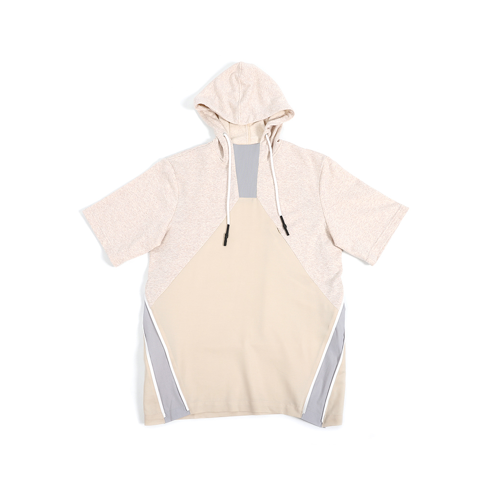 三角剪接連帽T - 米白