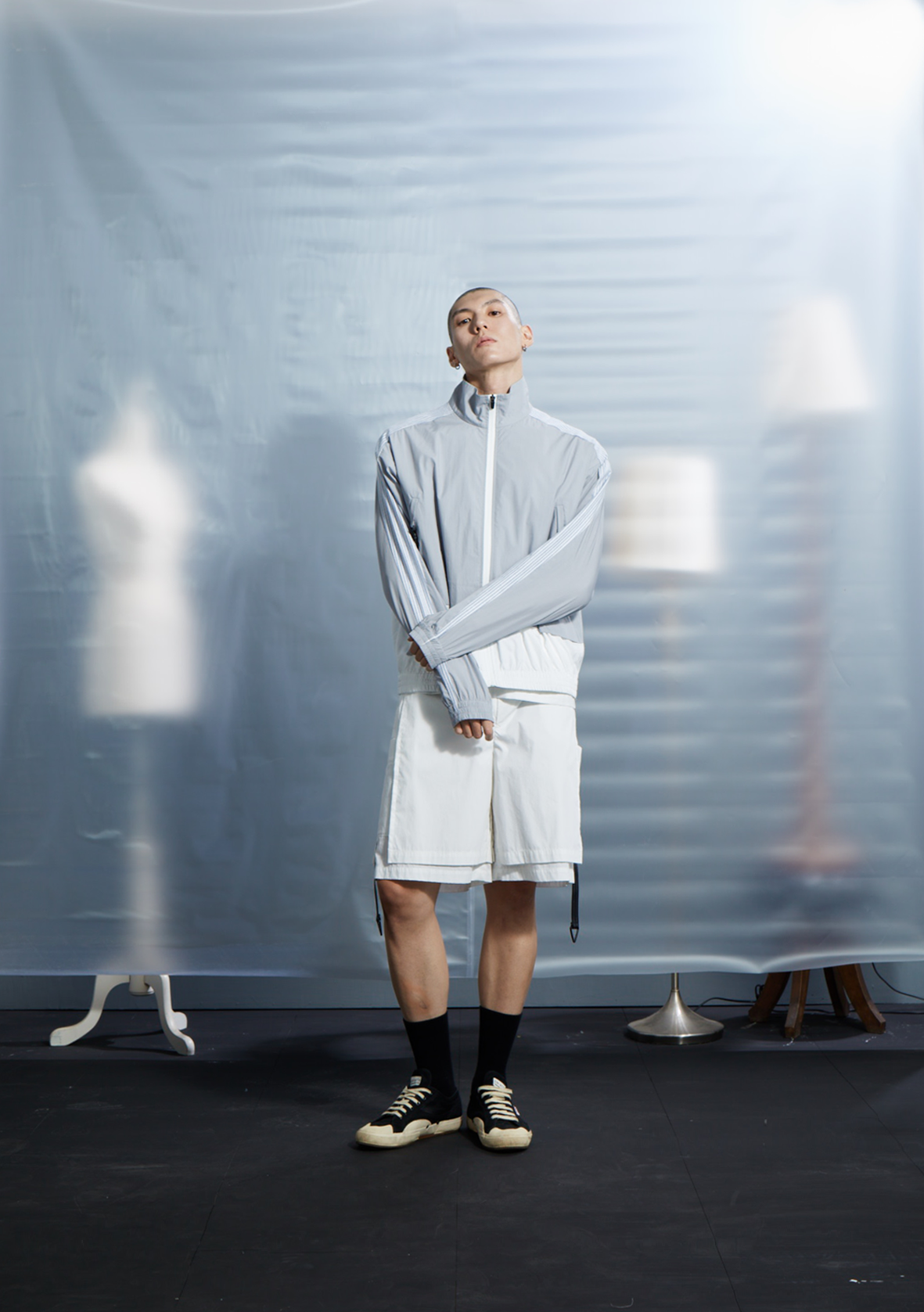 雙層高領夾克 - 淺灰