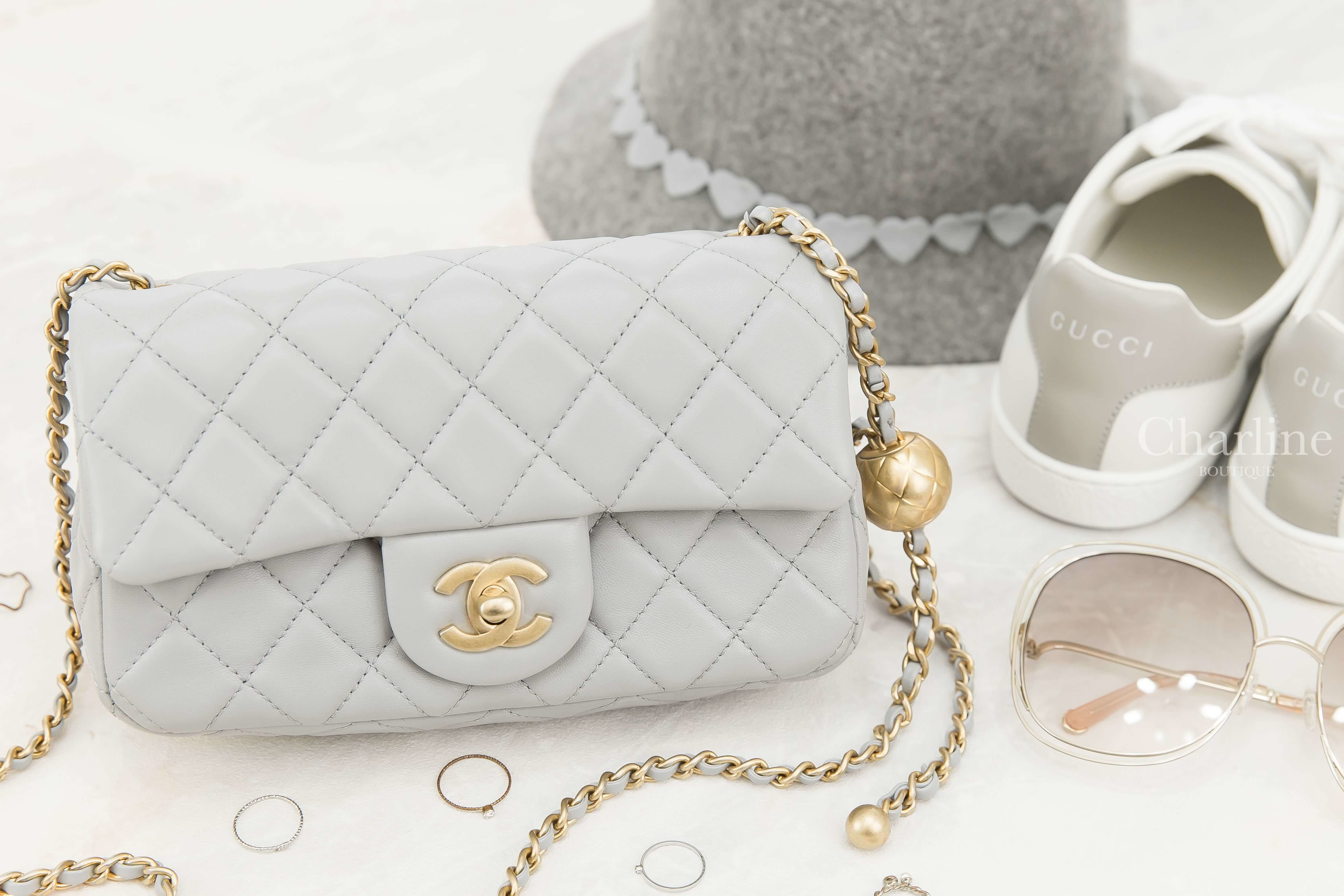 Chanel Flap Bag 灰色金CC金色小珠鍊帶20cm小羊皮菱格紋肩背包