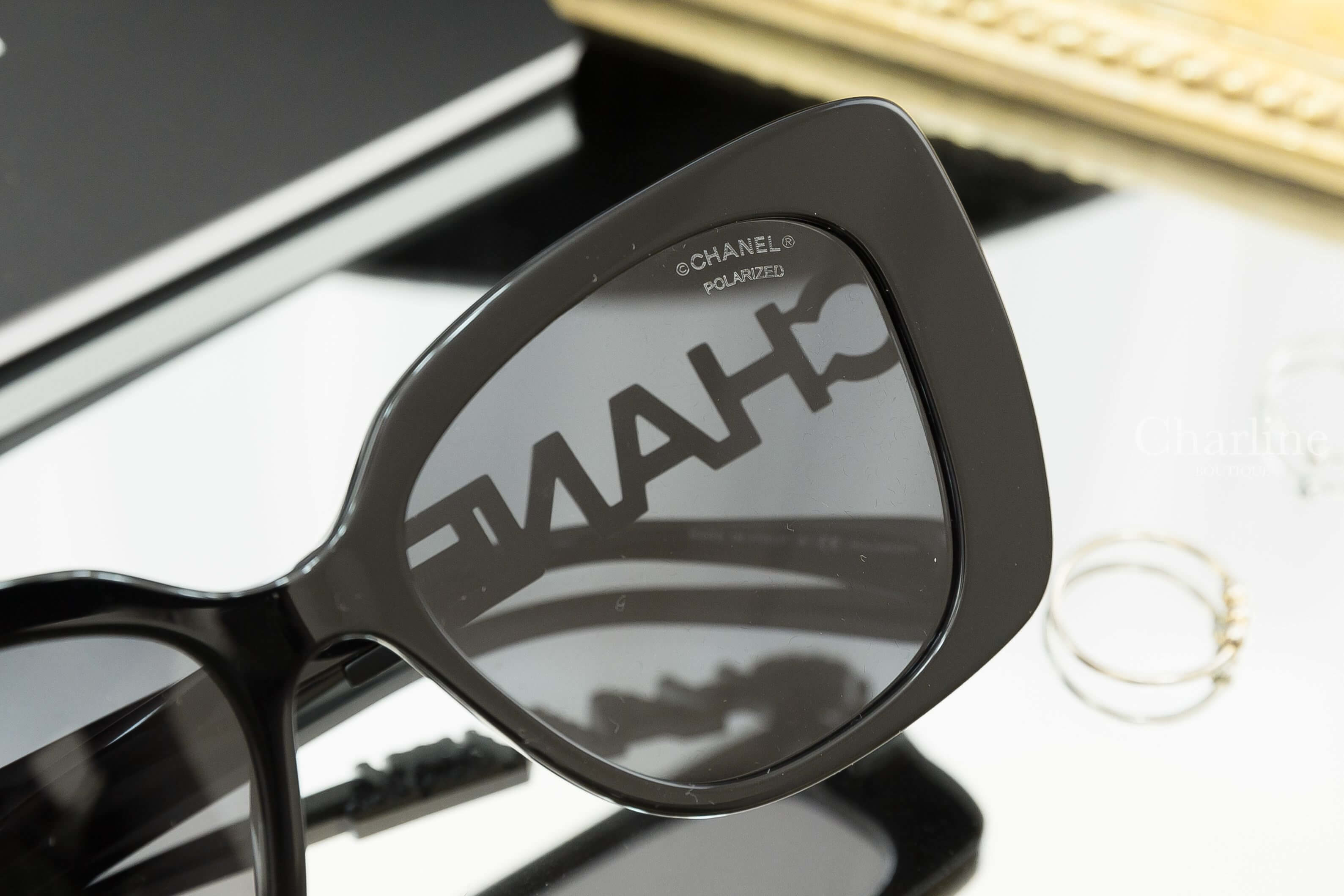 Chanel Square Sunglasses 黑色方框側邊黑鑽 Chanel 太陽眼鏡