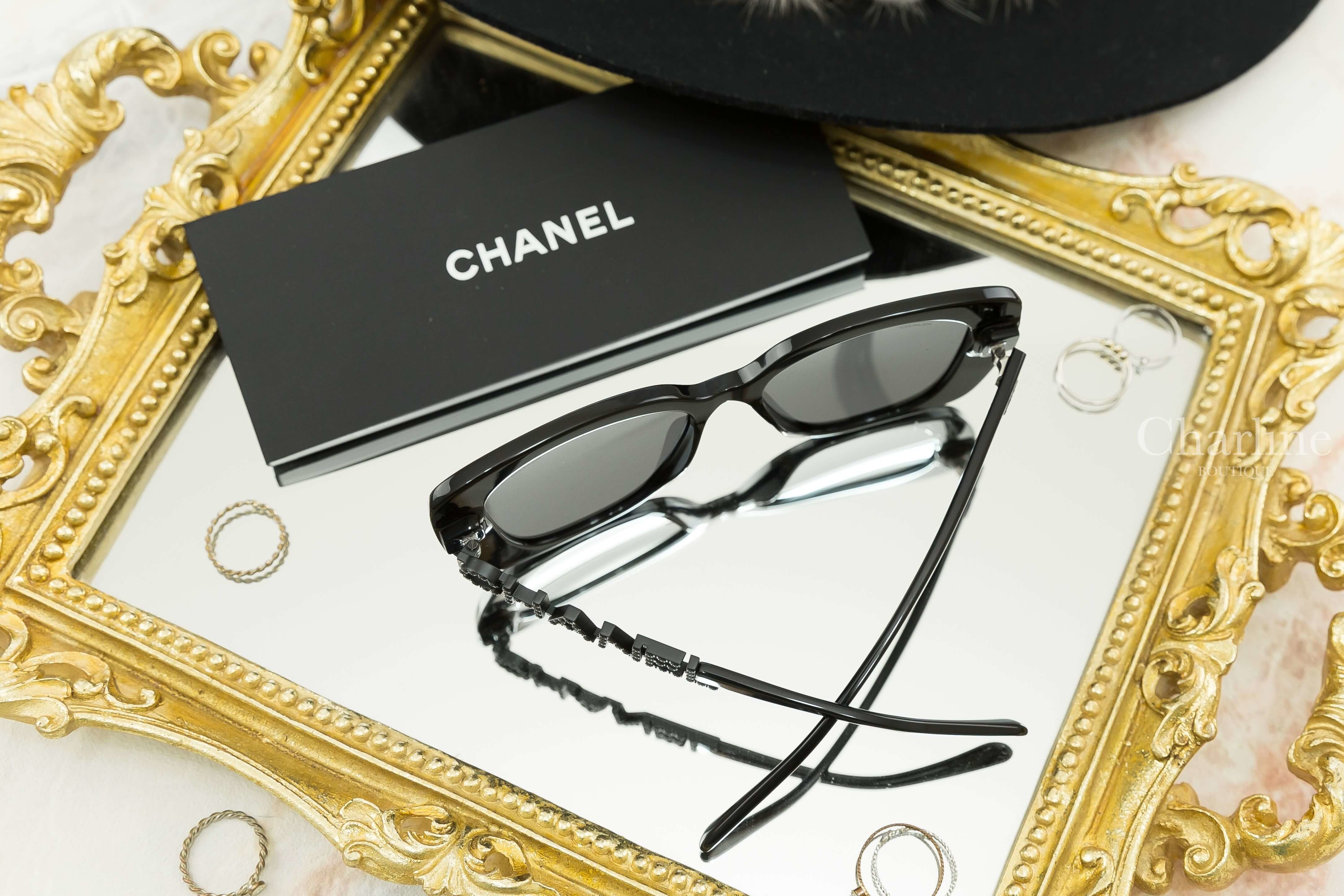 Chanel Square Sunglasses 黑色方框側邊黑鑽 Chanel 太陽眼鏡-Charline Boutique 精品代購