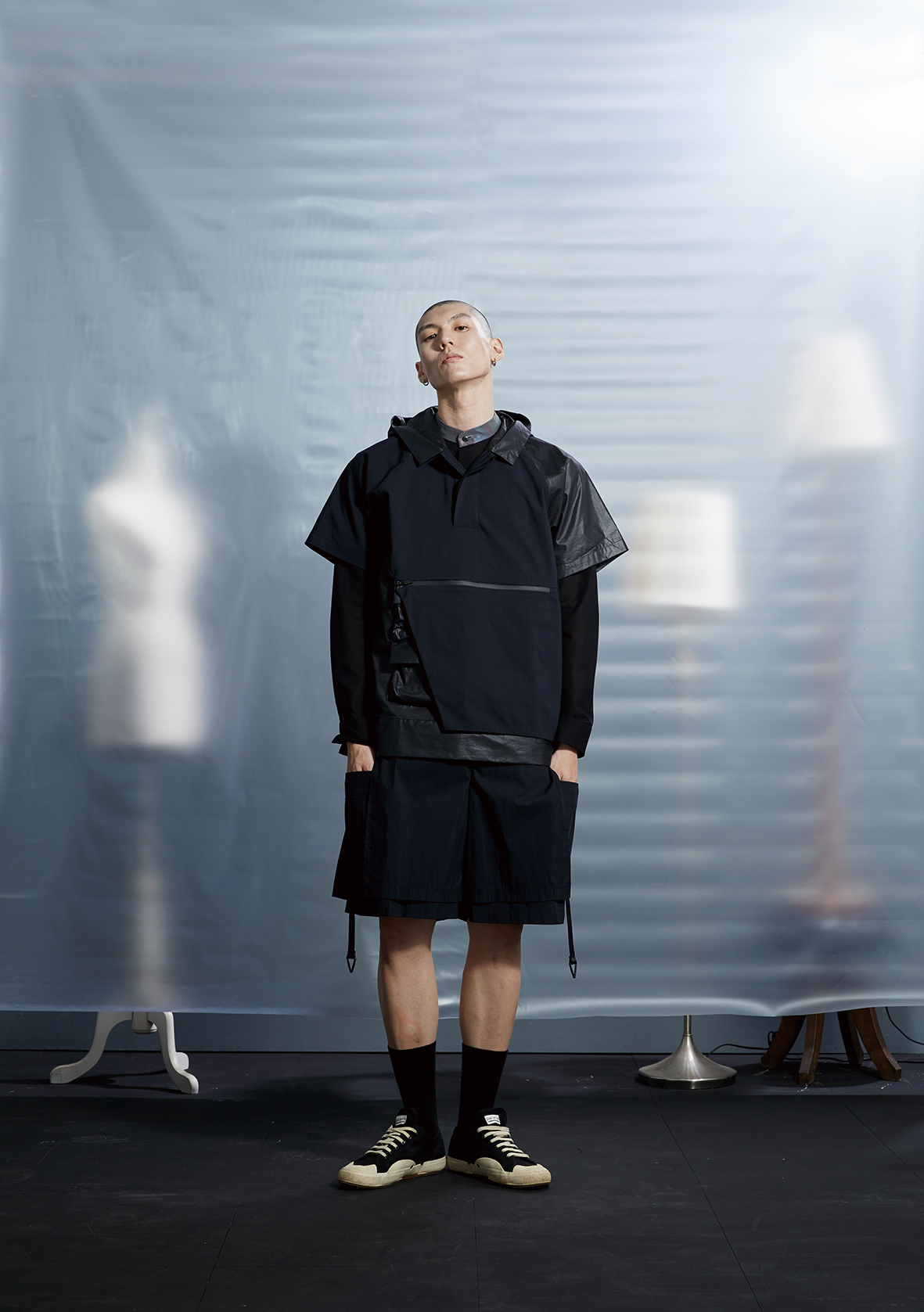 雙層側袋短褲 - 黑