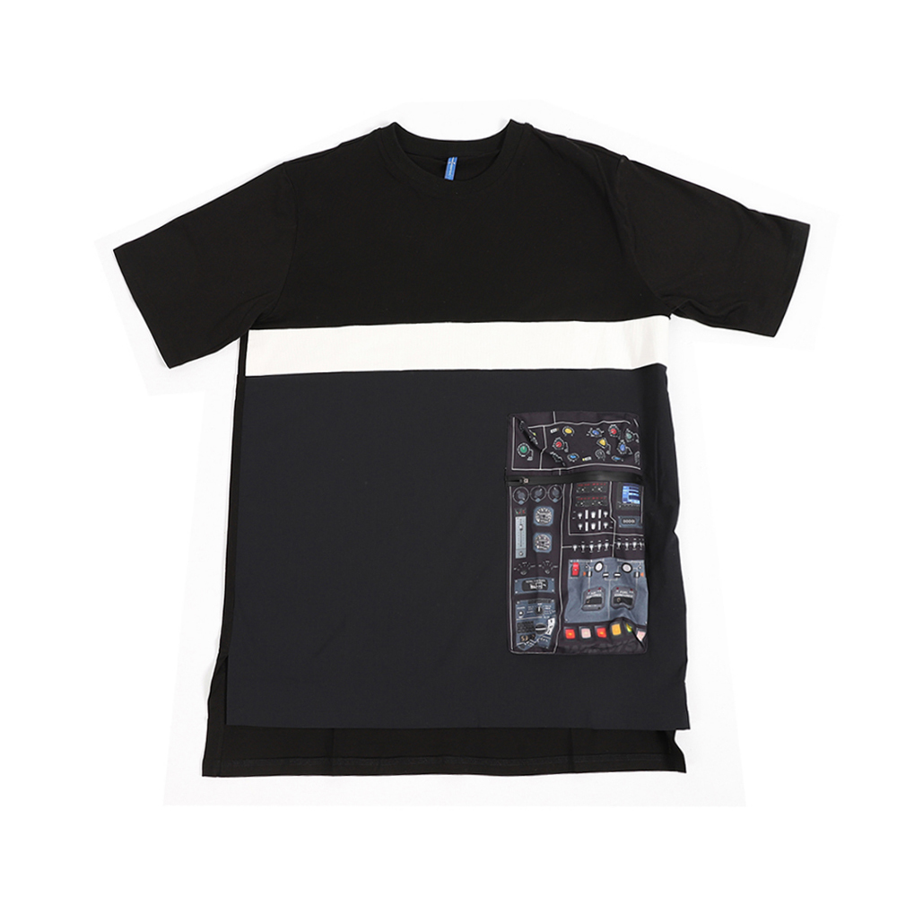 橫條剪接口袋Tee - 黑