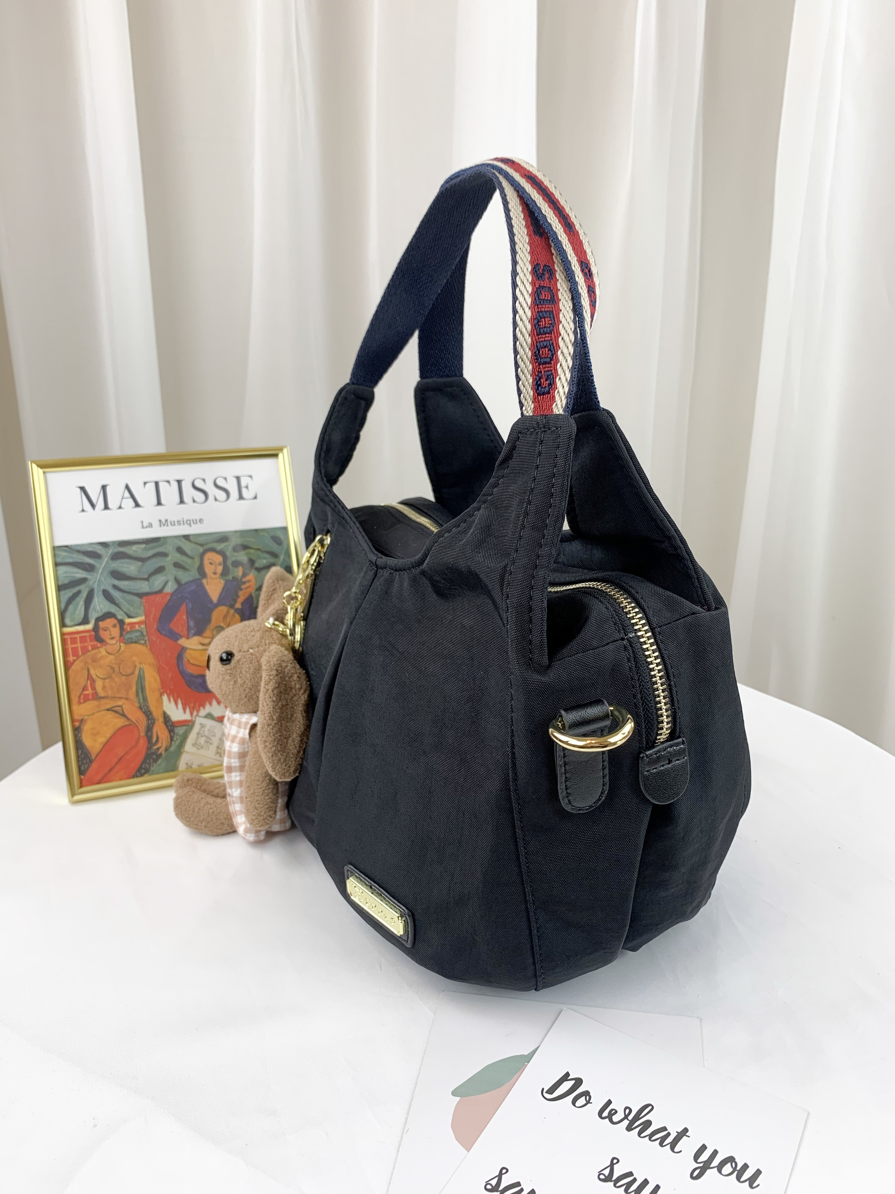 GOODS 織帶黑 抓皺水洗紋手提包 / 側背包 附小熊吊飾  #2540