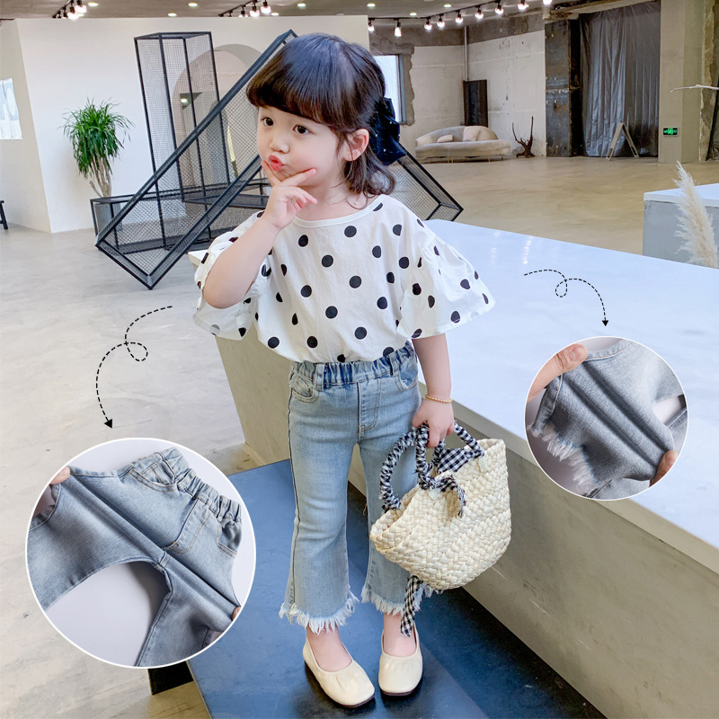 現貨 90cm 波點澎袖上衣+喇叭褲兩件組