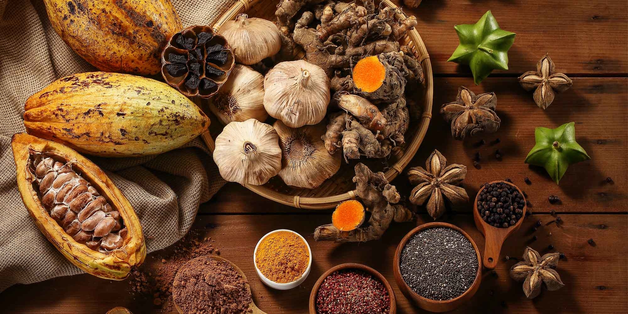 可可, 黑蒜頭, 薑黃, 奇亞籽, 馬告, 紅藜, 印加果