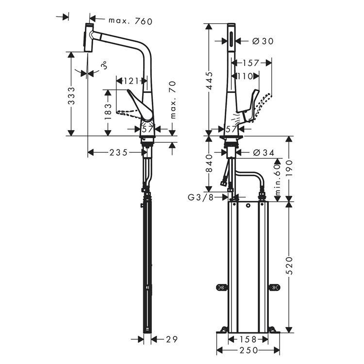 hansgrohe Metris Select 73816, -000 Single lever kitchen mixer 320 with pull-out spray with sBox