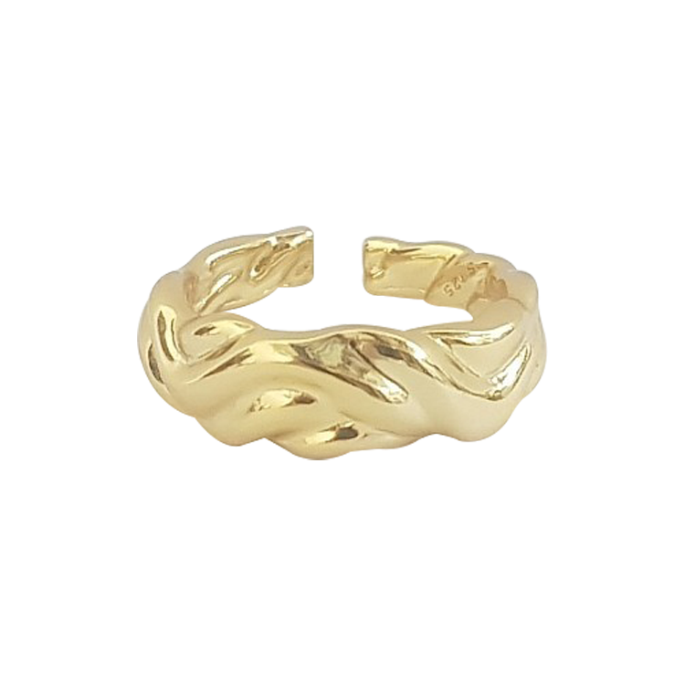 純銀戒指，女士戒指 金色浪紋形開口戒；有著波光粼粼般的美感（1018金色）