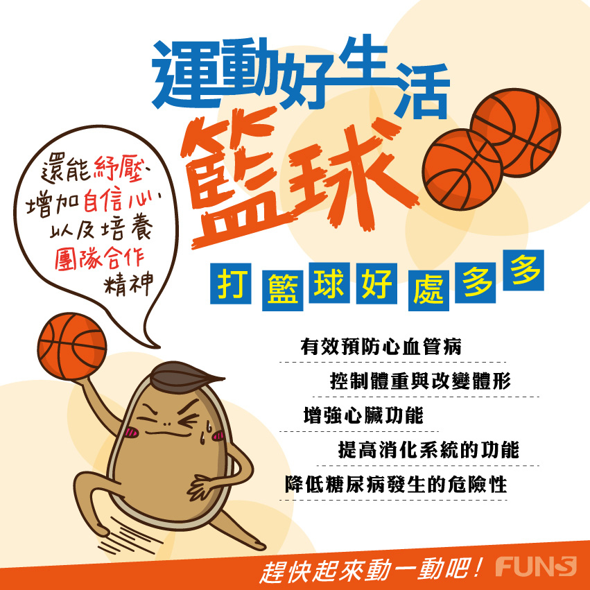 打籃球好處多多，可以有效預防心血管疾病，也能控制體重、改變體型，而且能增強心臟功能，提高消化系統的功能，更能降低糖尿病發生的危險性，還能紓壓、增加自信心，以及培養團隊合作精神。
