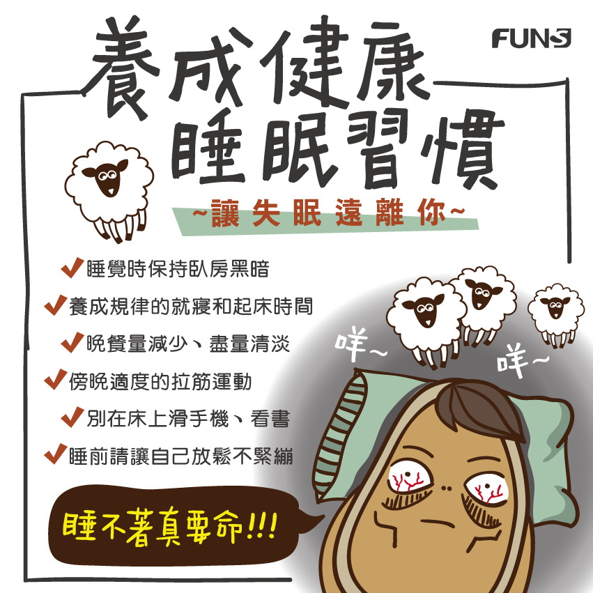 教你養成健康睡眠習慣，讓失眠遠離你，睡覺時保持臥房黑暗，並養成規律的就寢和起床時間，晚餐量減少，盡量清淡點，在傍晚適度的做拉筋運動，更別在床上滑手機和看書，睡前讓自己放鬆，不要太緊繃。