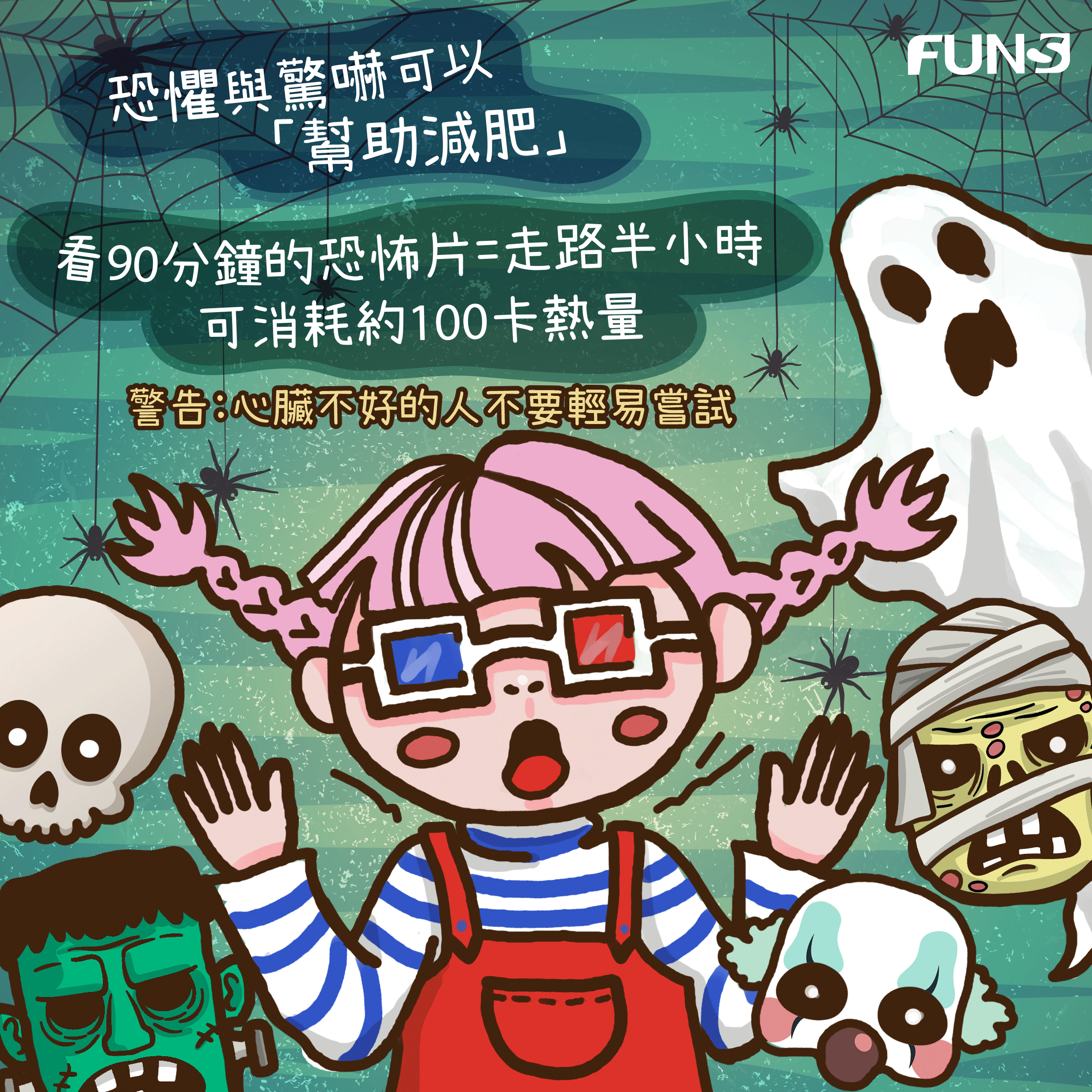 你覺得除了控制飲食和加強運動外，還有甚麼方法可以幫助瘦身減脂肪，答案就是看恐怖片，因為恐懼和驚嚇可以幫助減肥，看90分鐘的恐怖片等於走路半，可以消耗大約100大卡，但心臟不好的人不要嘗試．