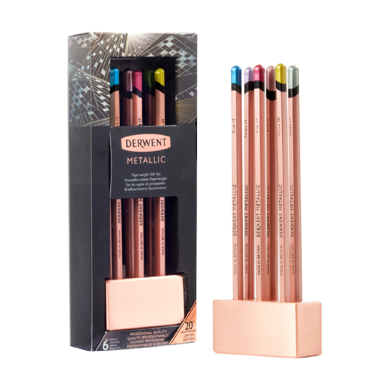 【DERWENT 德爾文】金屬色油性色鉛6色-附筆座(20週年紀念版) DW2305626