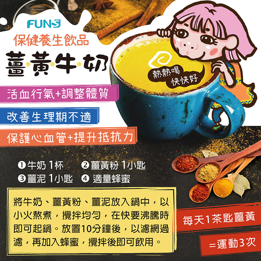 薑黃牛奶教學：將牛奶、薑黃粉、薑泥放入鍋中，以小火熬煮，快沸騰時起鍋，放置十分鐘後以濾網過濾，再加入蜂蜜，攪拌後即可飲用，薑黃幫助你活血行氣，調整體質，改善生理期不適，保護心血管，提升免疫力功能