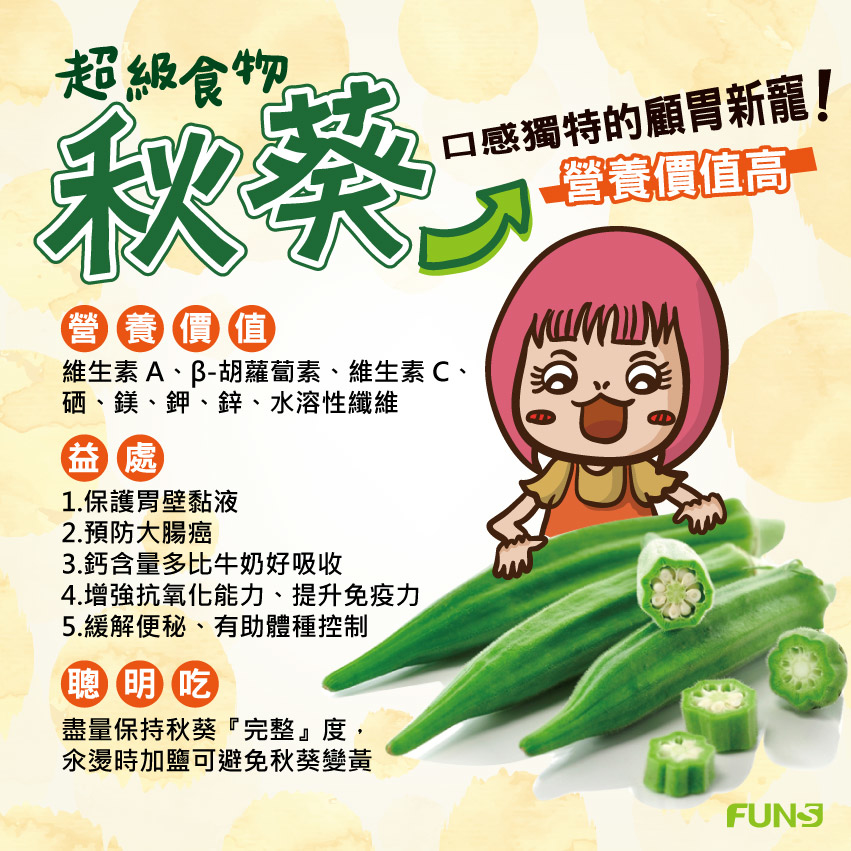 秋葵有維生素A、C、鎂、鉀、鋅、水溶性纖維等，可以保護胃部黏液，預防大腸癌，而且鈣含量多比牛奶更好吸收，可增強抗氧化能力，並提升免疫力，也可緩解便秘、有助於體重控制，營養價值非常高。