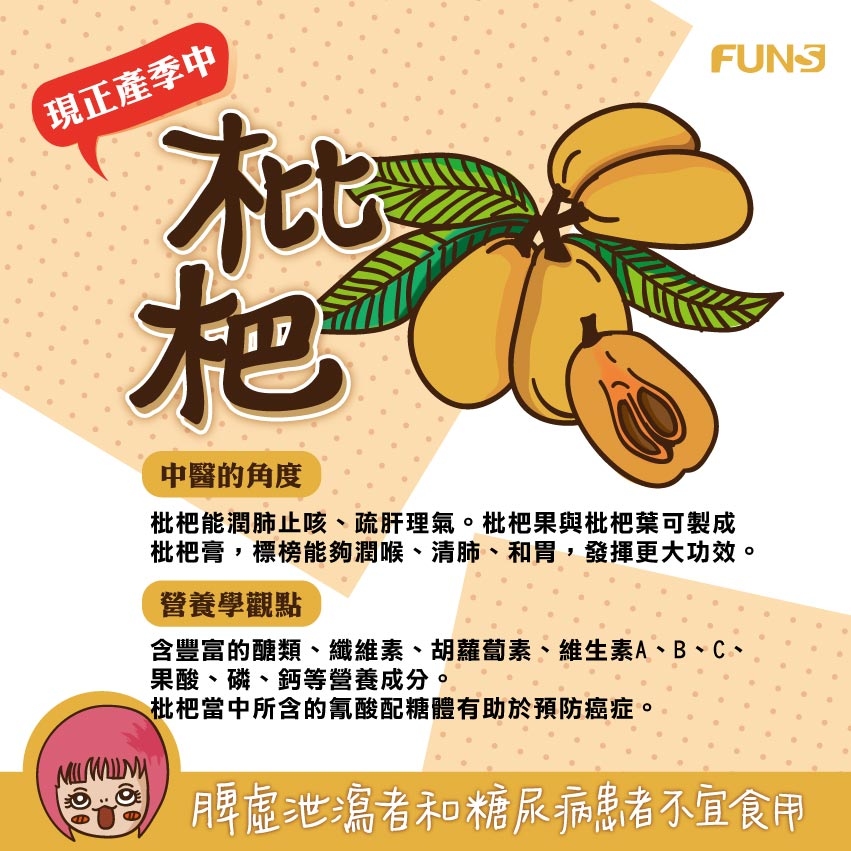 枇杷在中醫角度能潤肺止咳，可製成枇杷膏，標榜能夠潤喉清肺、和胃發揮更大功效。在營養學觀點枇杷含豐富醣類、胡蘿蔔素、維生素A、B、C等營養成分，另外所含的氰酸配糖體有助於預防癌症。