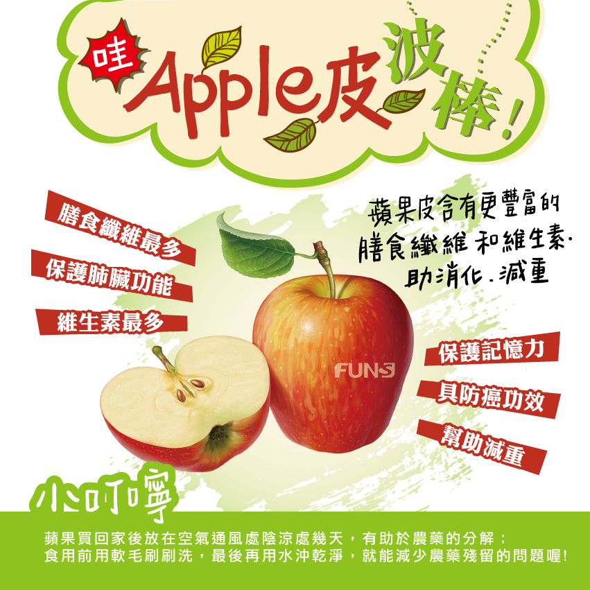 蘋果皮含有豐富的膳食纖維和維生素，可以幫助消化與減重，膳食纖維最多，保護肺臟功能，維生素也最多，並且保護記憶力，具有防癌功效，更能幫助減重，食用前可先用軟毛刷刷洗，用水沖乾淨，減少農藥殘留問題。