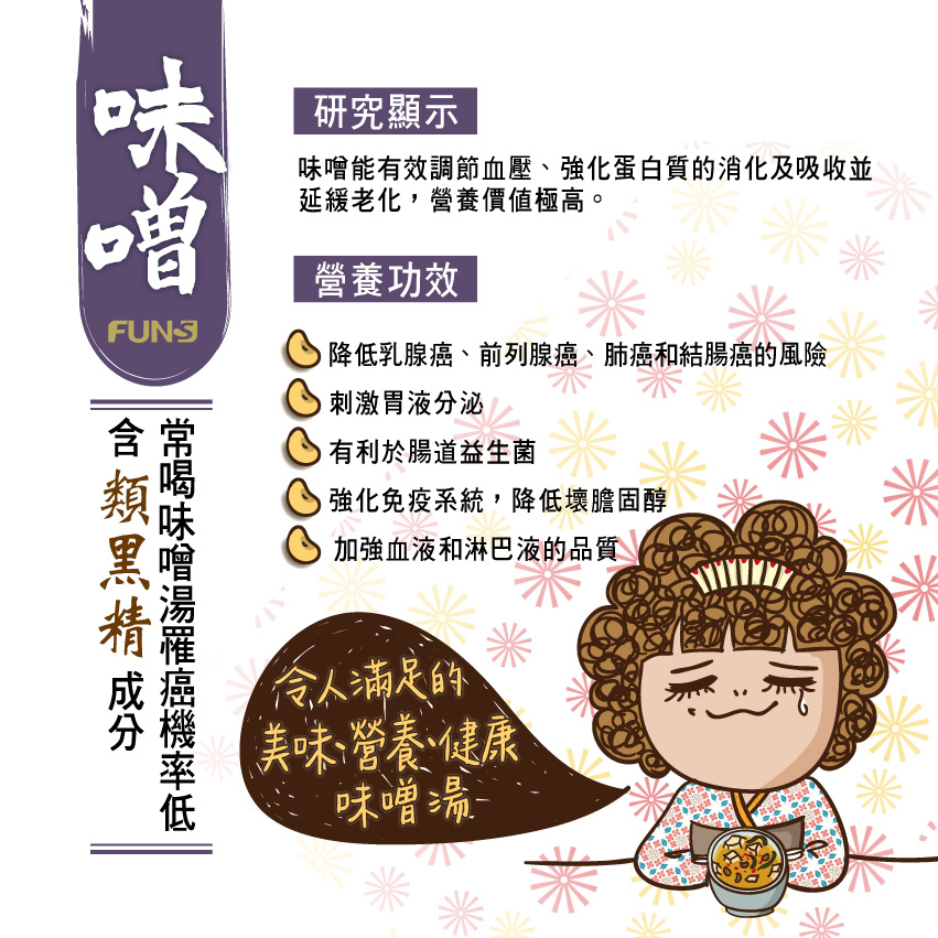 味噌能有效調節血壓，強化蛋白質的消化及吸收，緩解老化，營養價值極高，降低乳癌、肺癌等風險，可刺激胃液分泌，有利於腸道益生菌，也能強化免疫系統、降低壞膽固醇，更能加強血液和淋巴液的品質。