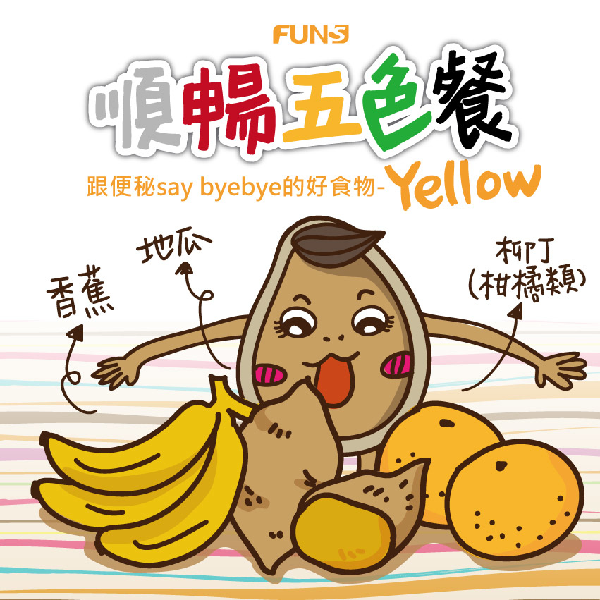 順暢五色餐，跟便祕說再見的黃色食物推薦，香蕉，含有纖維及果膠寡糖，可促進腸胃蠕動，地瓜，能活化腸胃，改善腸道環境，改善便秘，柑橘類，富含纖維質及多種營養素，有效改善便秘。
